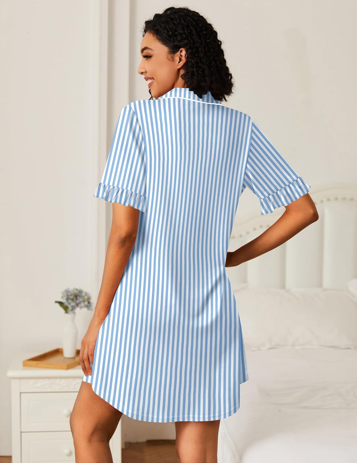 Ekouaer Nightgowns for Women Button Down Sleep Shirts Short Sleeve Night Shirts V Neck Sleepwear Boyfriend Pajama Dress - Image 5