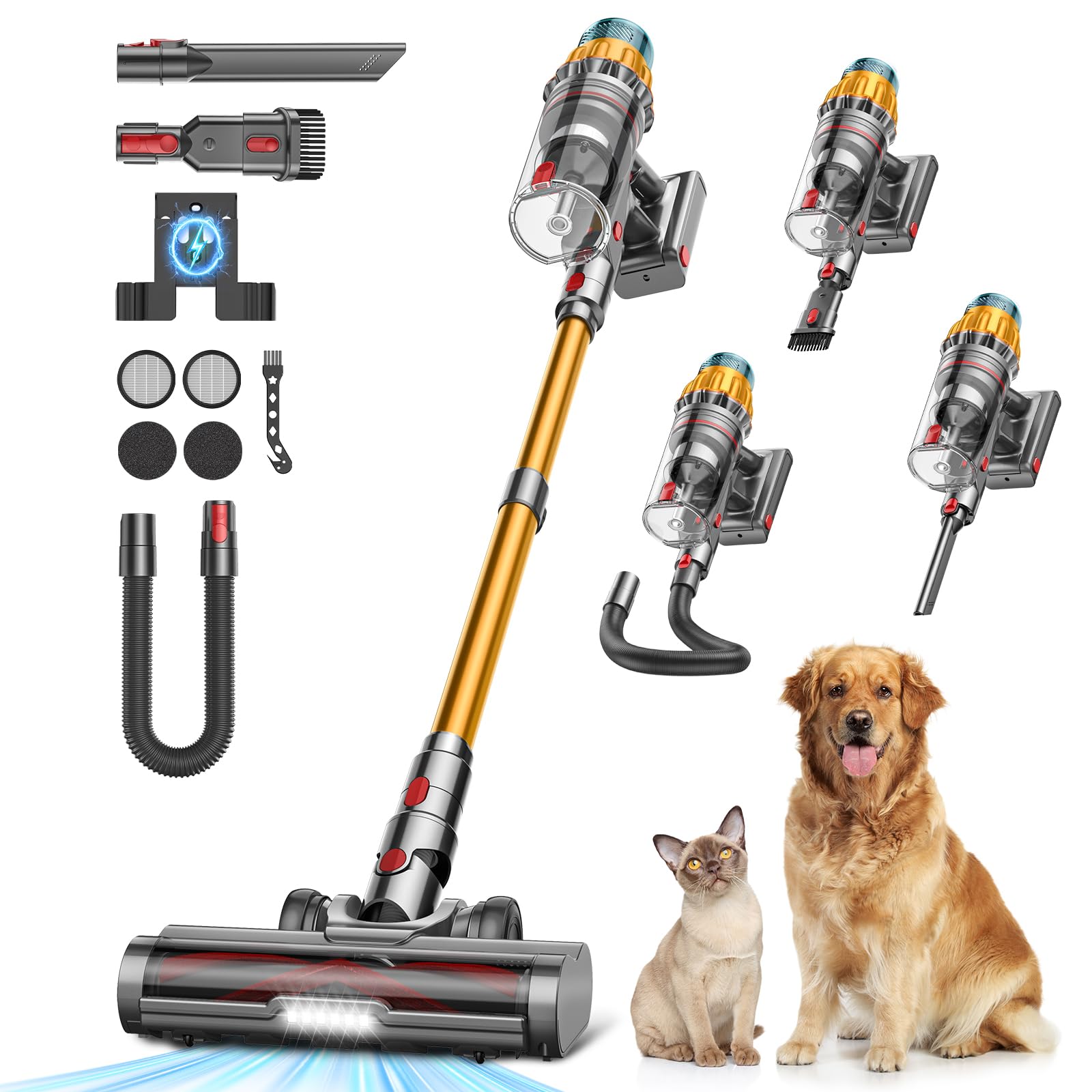 Cordless Vacuum Cleaner for Pet Hair, 50 kPa/600 W Powerful, 70 Min Autonomy, 1 M Hose, Anti-Tangle, Self-Standing, Quiet Broom Vacuum Cleaner for Home, Dogs and Cats