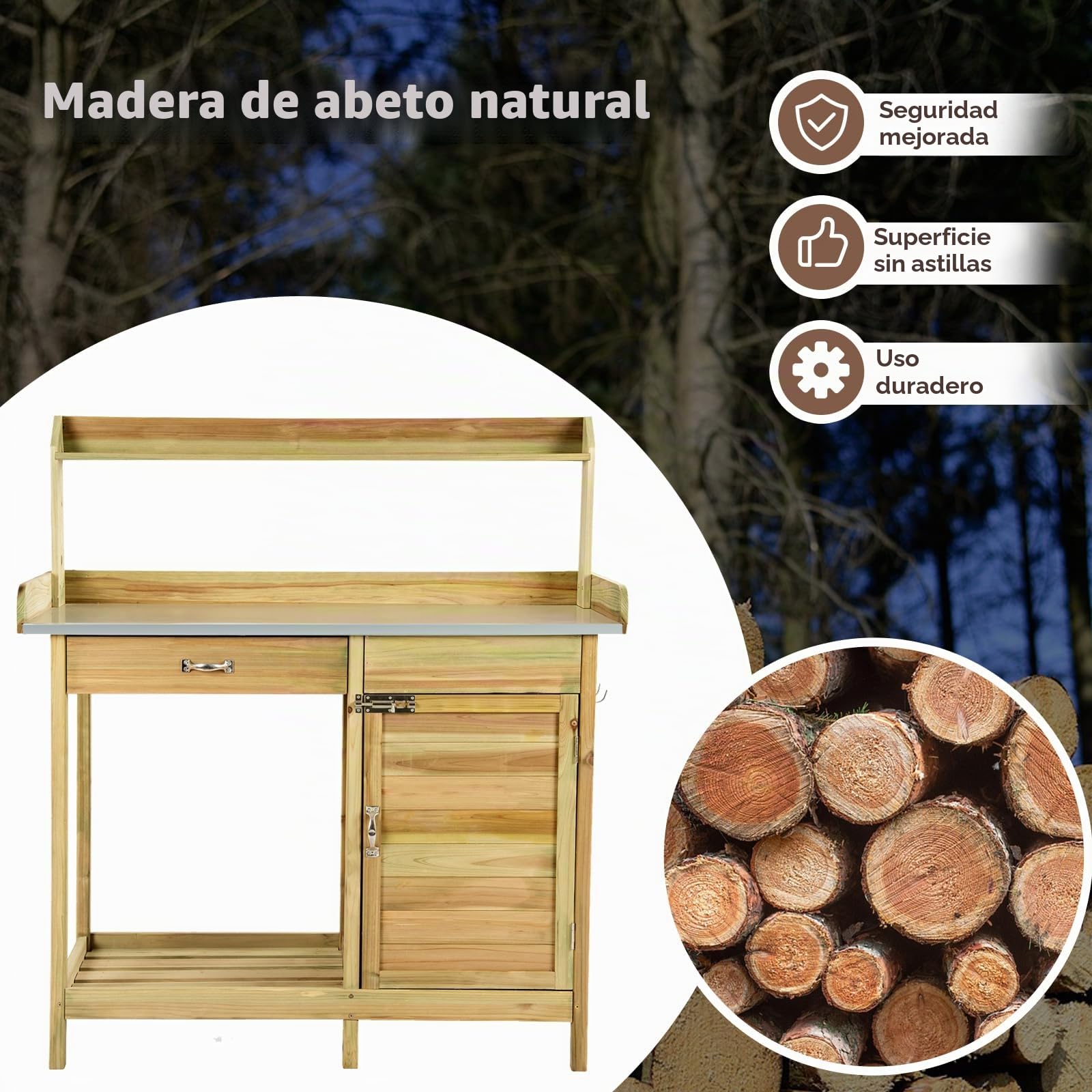 HOMASIS Mesa de Jardín de Madera para Plantas, Banco de Trabajo con Cajón, Armario y Tapa de Metal, Muebles de Exterior para Jardinería de Balcón, Patio, Terraza, 112 x 46 x 125cm, Natural
