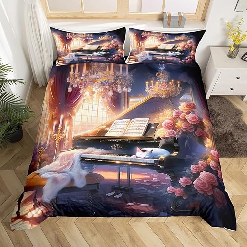 Miniatura 16 de Juego de funda de edredón de guitarra eléctrica, tamaño matrimonial, juego de ropa de cama con notas musicales de rock, disco de vinilo, decoración