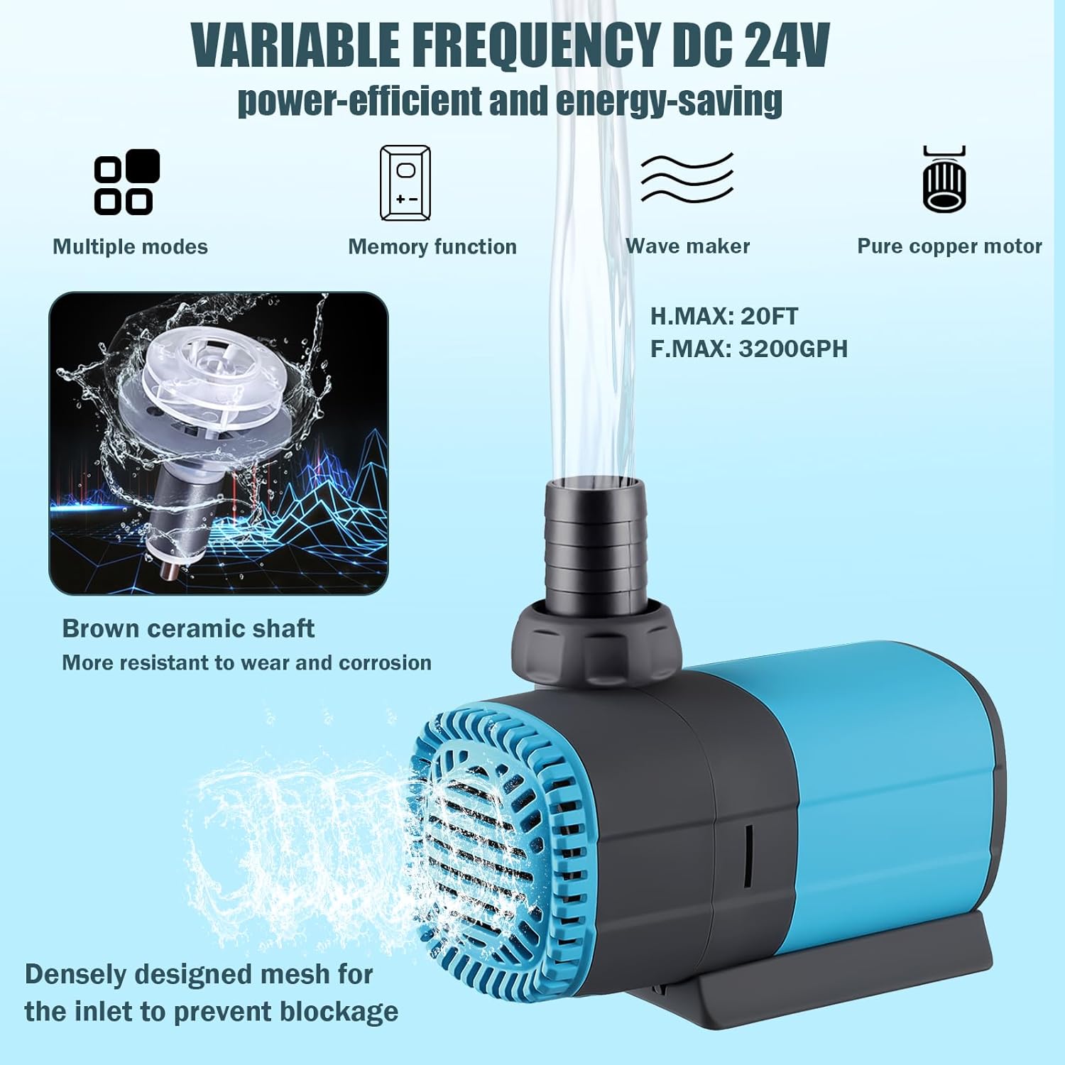 LYPHARD AQUARIUMS 3200GPH Submersible Water Pump 90W with Controller DC 24V, Adjustable High Lift 20FT Pond Pump for Fountain, Aquarium, Fish Tank, Hydroponics, Waterfall