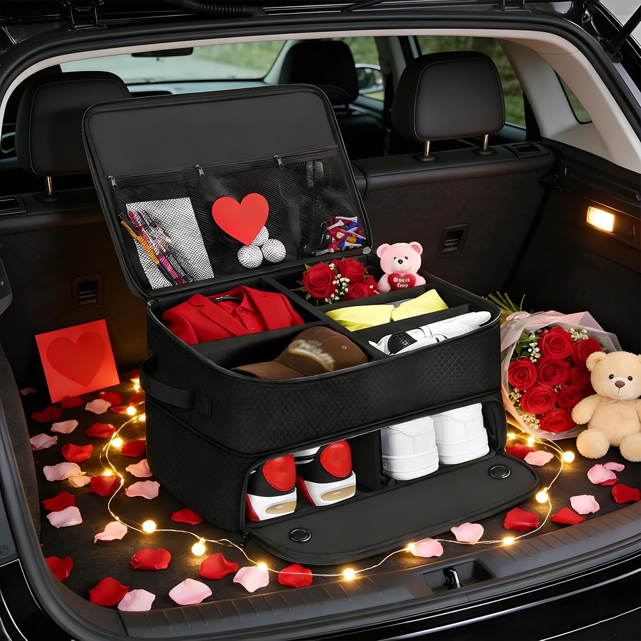 Golf Trunk Organizer Storage with Separate Compartment for 2 Pair Shoes Up to US Mens 16,2 Layer Golf Trunk Organizer,Waterproof Car Trunk Locker for Balls, Tees,Gifts for Golfers Black