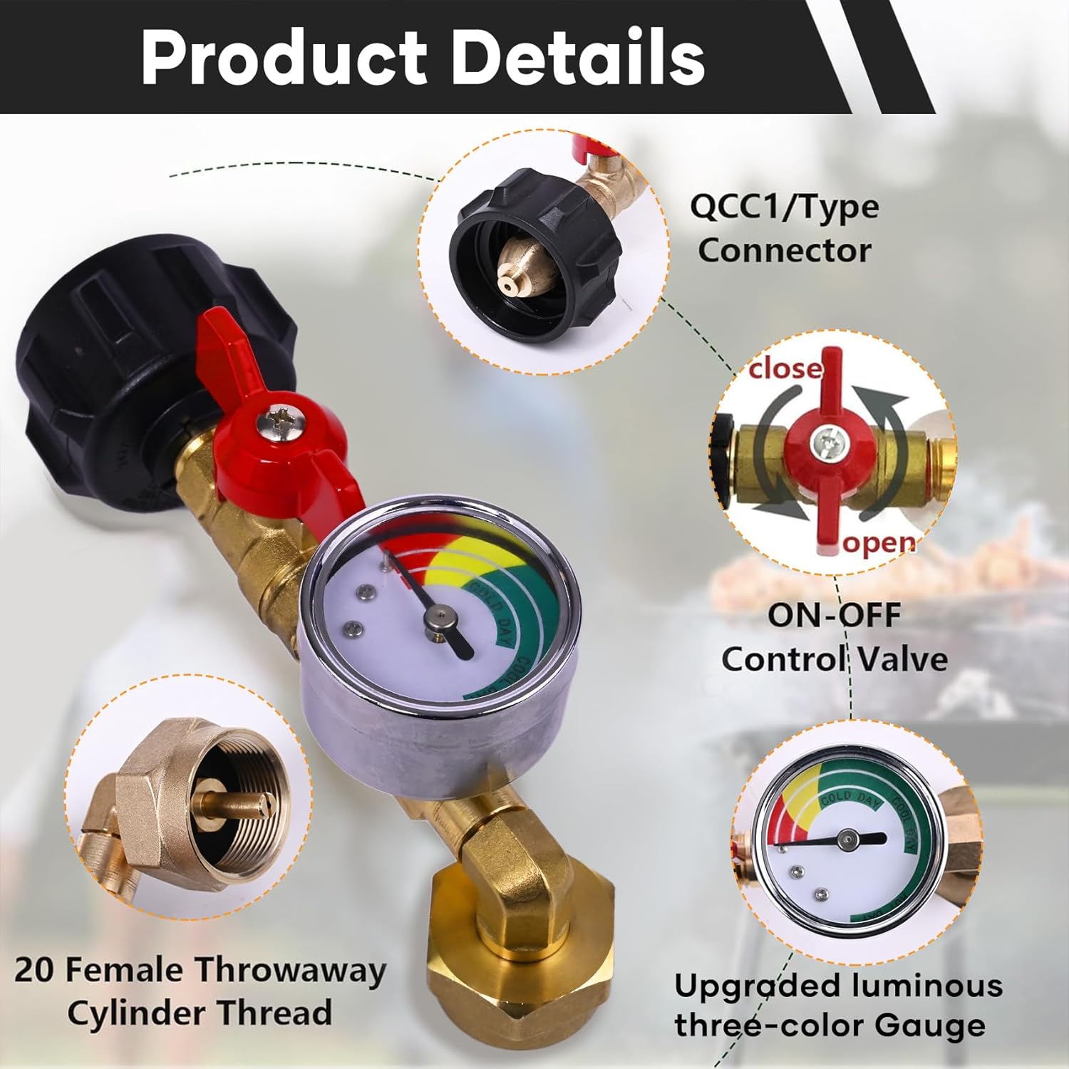 [3 Pack] Upgraded Propane Refill Adapter for 1 lb Tanks, 20–40 lb to 1 lb Converter with Pressure Gauge & Shut-Off Valve, 90° Elbow QCC1 Propane Adapter for Camping, Grill, RV
