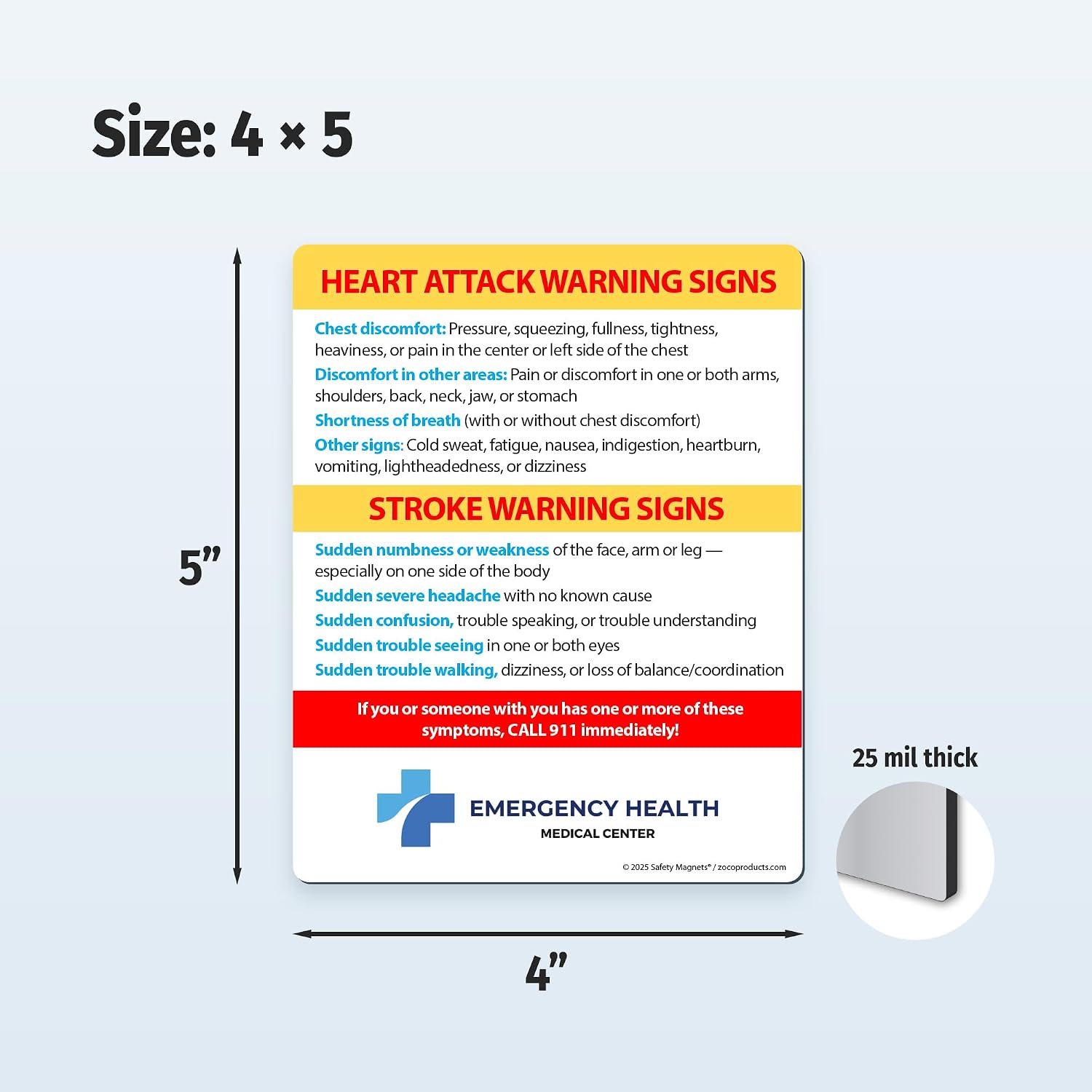 Safety Magnets by ZOCO – 100-Pack Heart Attack & Stroke Warning Signs Custom Fridge Magnet – Personalized Health Awareness Handout for Healthcare & Businesses – 4" x 5"
