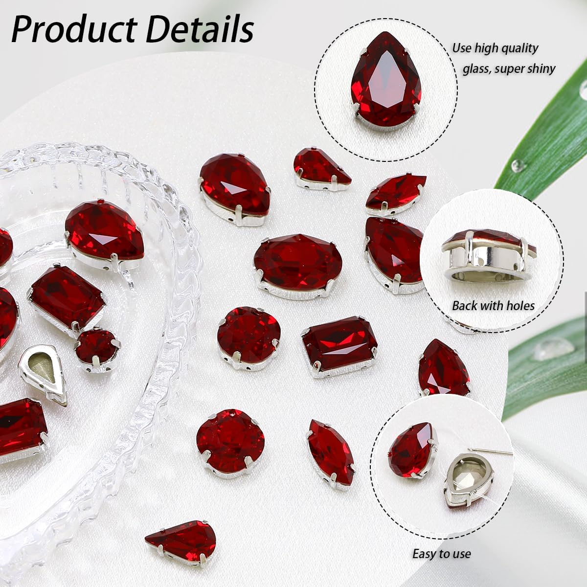 Sew On Rhinestones with Silver Claw,42 Pcs Mix Shape Sewing Crystal Flatback Glass Rhinestones Sew on Crystal Gems for Clothes Shoes Hats Bags & Sewing Accessories,Red - Image 3