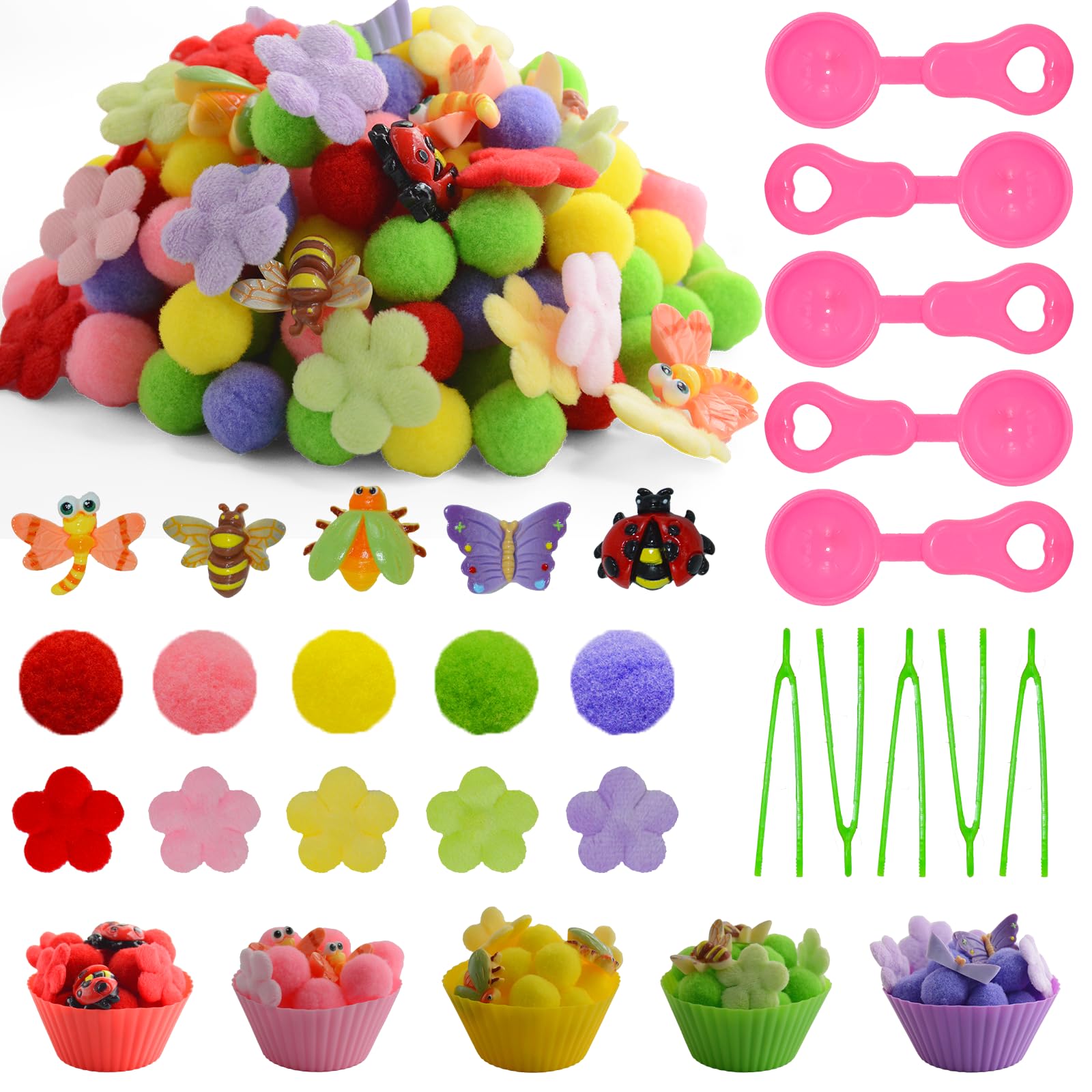 225pcs Spring Sensory Bin Filler Fine Motor Toys Flowers Insects Sensory Bin Items Bee Dragonfly Butterfly Beetle Ladybug Felt Easter Flowers Pom Poms for Color Counting Sorting