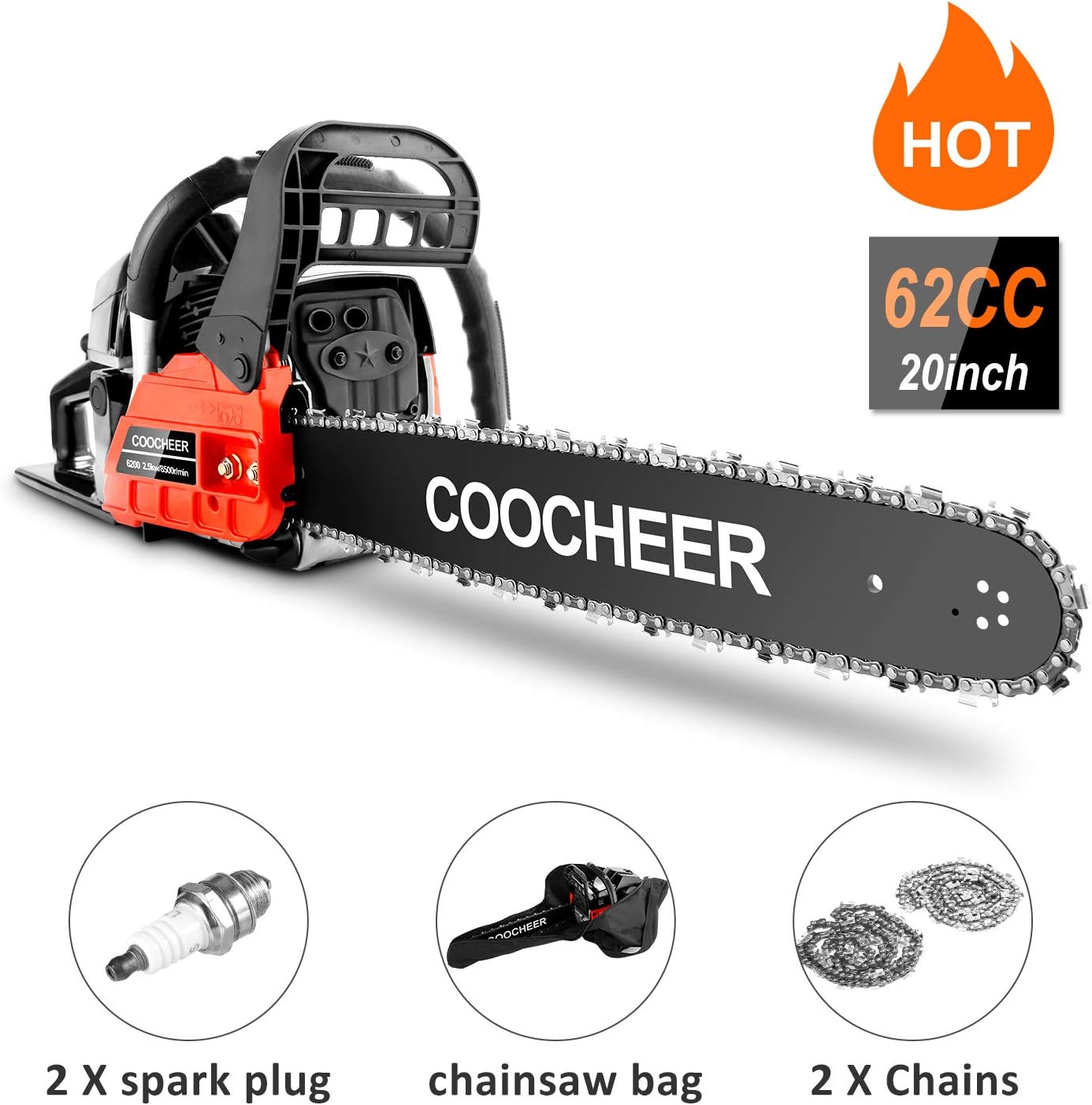 20" Chainsaw 62CC Powerful Gas Chainsaw 2 Stroke Handed Petrol Chain Saw Woodcutting Saw with Tool Kit and Store Bag