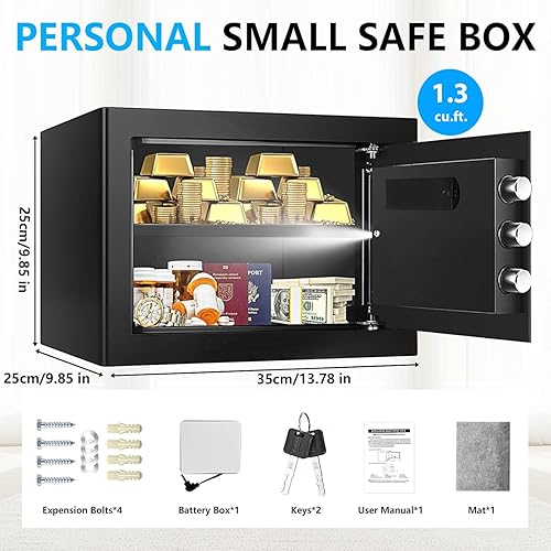 Miniatura 2 de Caja fuerte pequeña de 1.2 Cub para uso doméstico, caja de seguridad de acero con teclado programable, llaves de repuesto y estante extraíble, caja