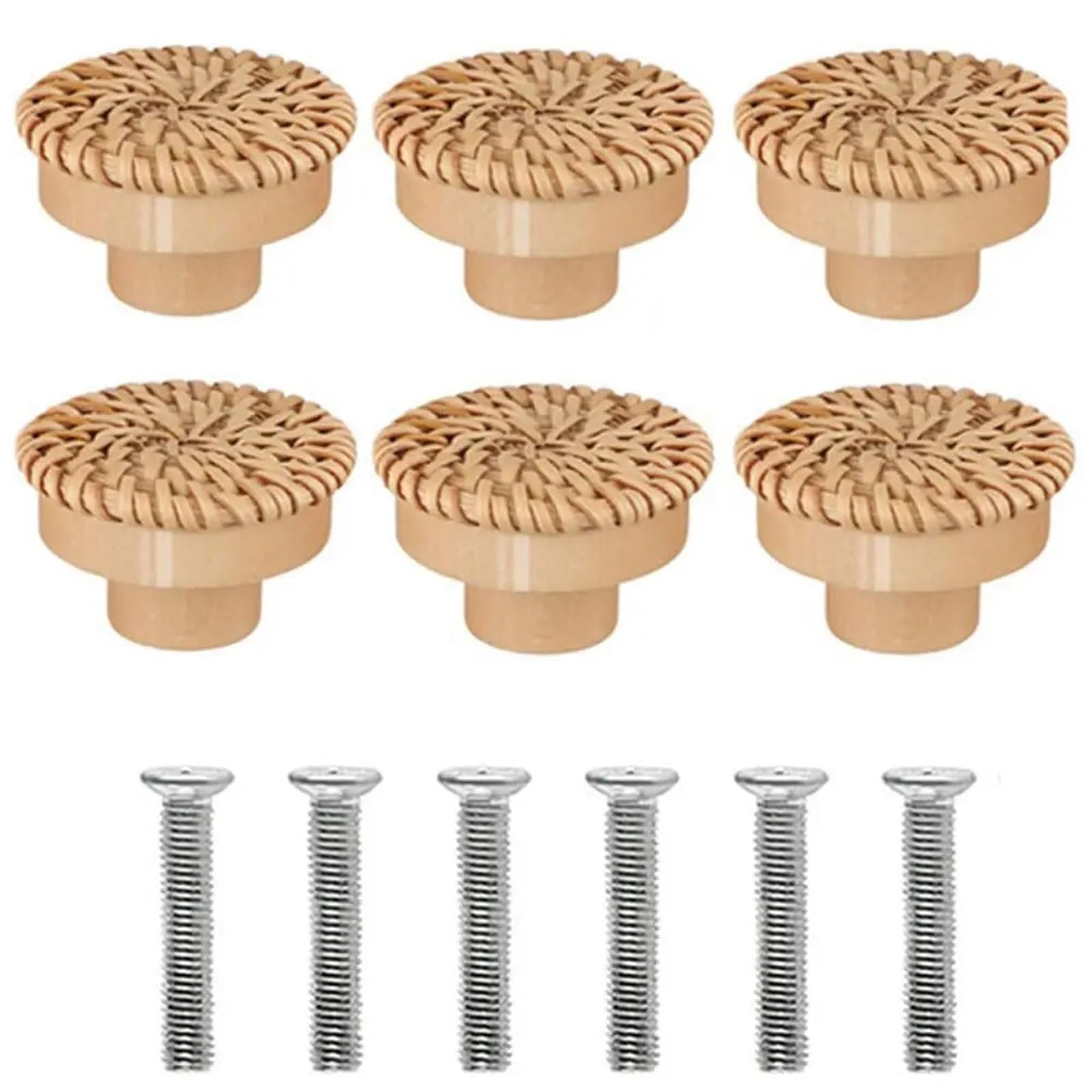 UBOHUZ 6 Pcs Drawer Knobs Wood, Dresser Rattan Pulls Wooden Round with Screws for Cupboard, Wardrobe
