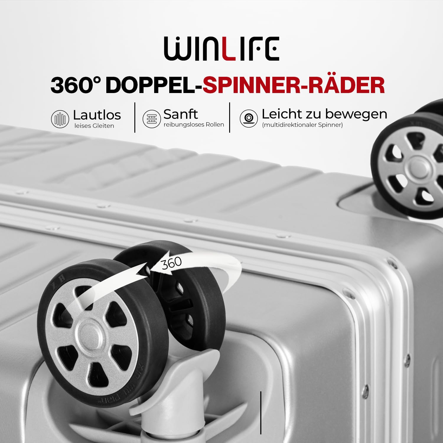 WINLIFE walizka podróżna z twardą powłoką M-53cm, L-65cm, XL-75 cm | Duża walizka ABS na kółkach w kolorze srebrnym | zamek szyfrowy TSA | 4X podwójne kółka 360° | uchwyt teleskopowy | zintegrowany
