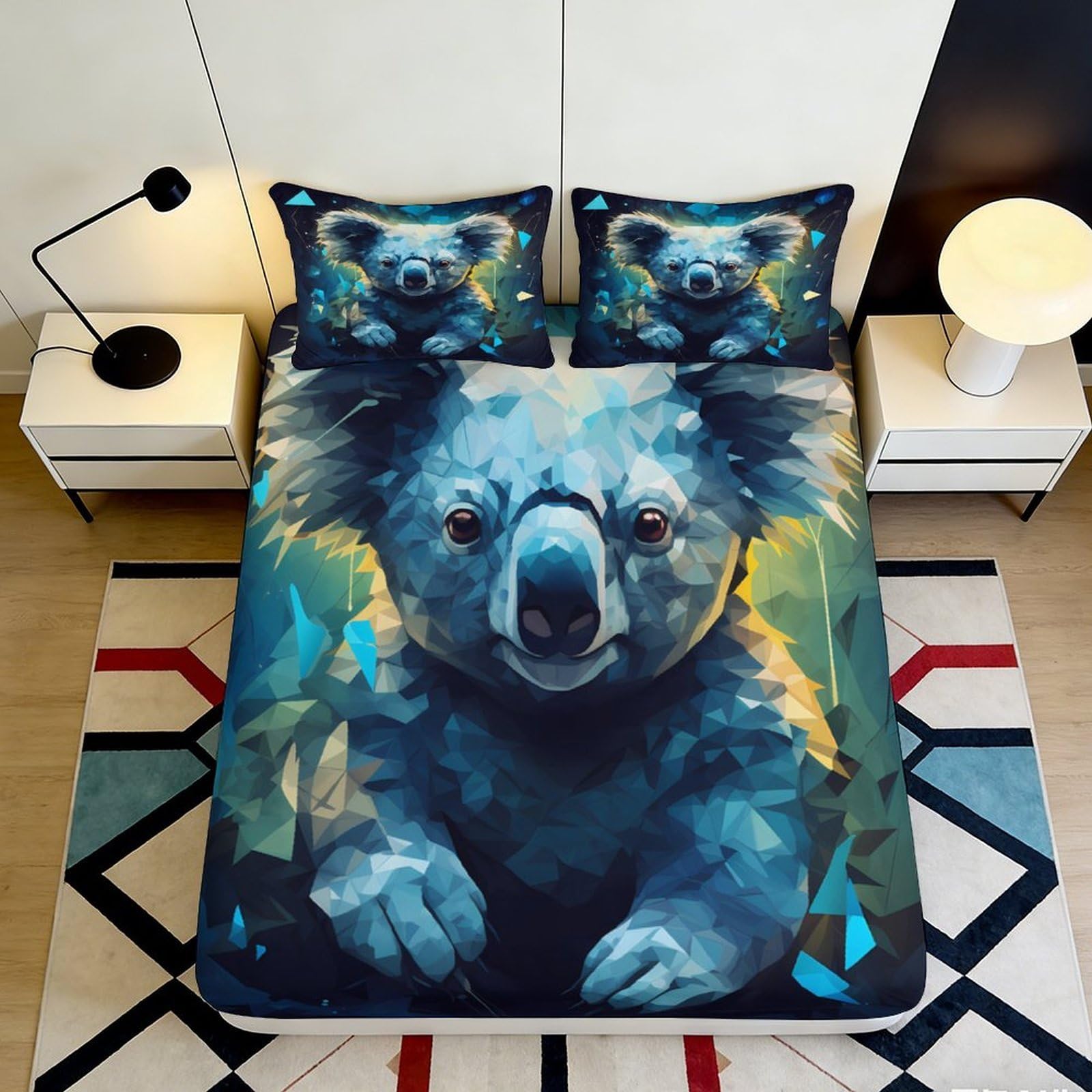 3D Printed Abstract Koala Fitted Sheet Microfiber Deep Pocket Bedroom Bedding Koala Mattress Fitted Cover Elastic Hem for Adults 140x200x25cm