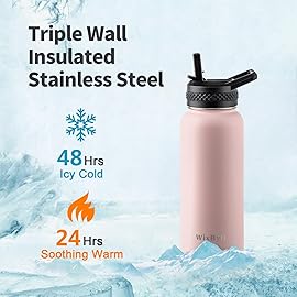 WixByti 32 oz Insulated Water Bottle with Straw (Cold for 48 Hrs), Stainless Steel Triple Wall Vacuum Sports Water Jug, Leakproof Hydro Cup Flask with Paracord Handle & Straw Spout Lids & DIY Stickers
