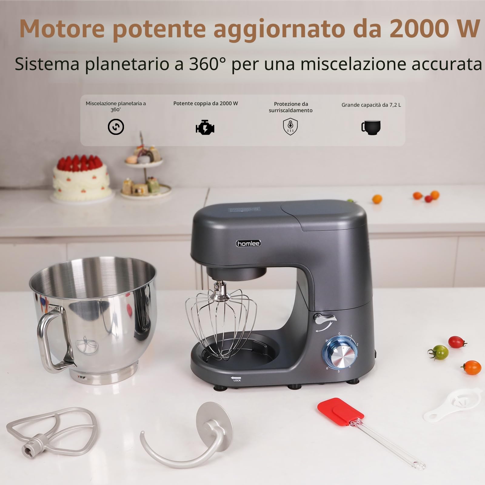 Homlee Impastatrice Planetaria,2000W Planetaria Professionale 7.2L Ciotola in Acciaio Inox da,6 Velocità,con Gancio impastare, Protezione da Spruzzi,Frusta(Grigio)