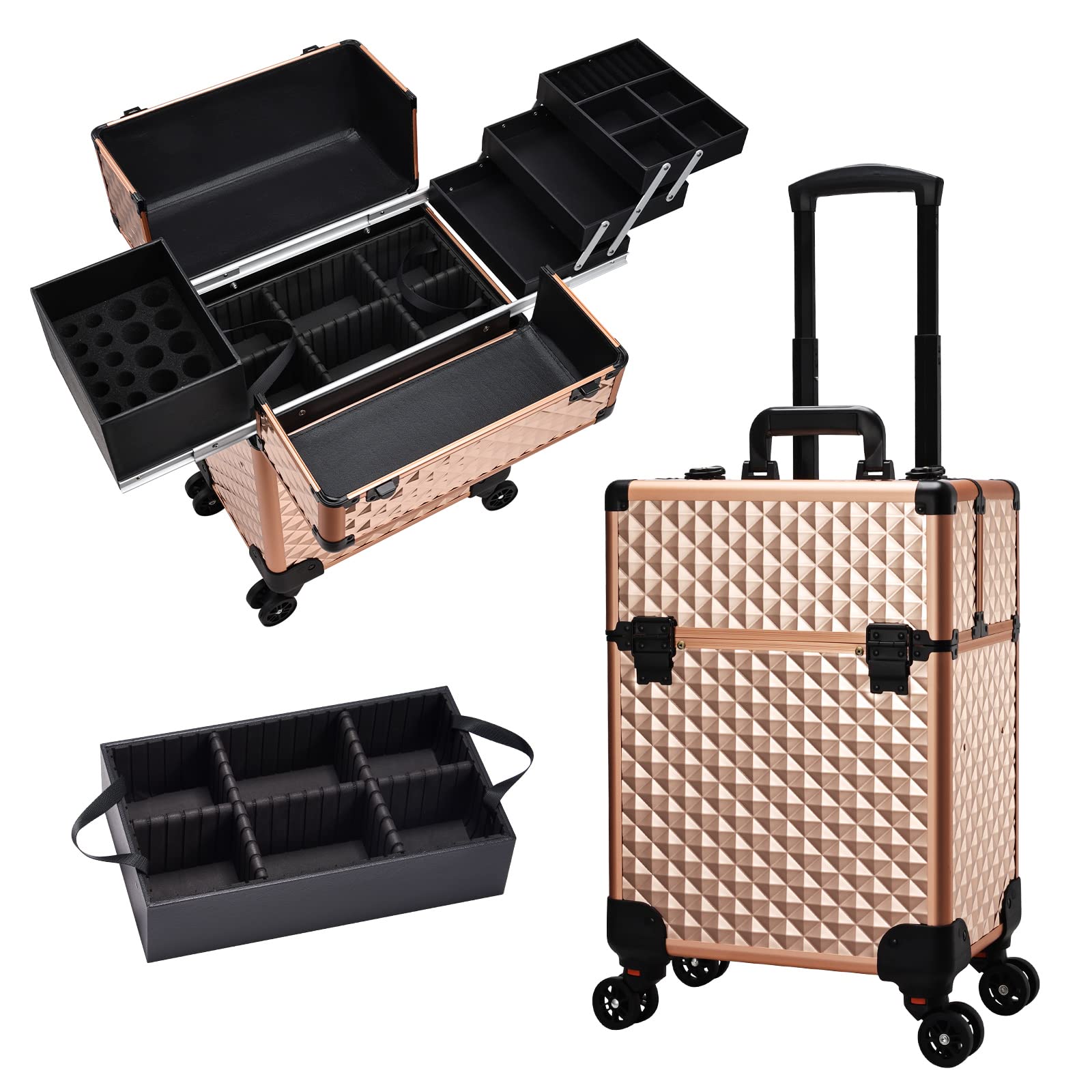 Maleta Maquillaje Maletin Maquillaje Caja Maquillaje de Viaje Maletin Manicura con Cerradura Trolley Maquillaje para Viajes de Trabajo Maleta uñas Organizador de Maquillaje, Champagne Oro Rosa