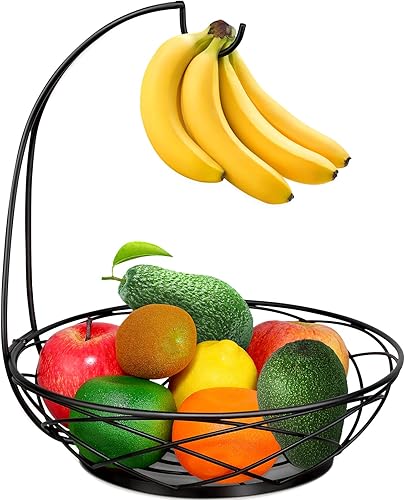 Miniatura 8 de Cesta de frutas  Frutero de 2 niveles con colgador de plátano para encimera de cocina  Elegante negro
