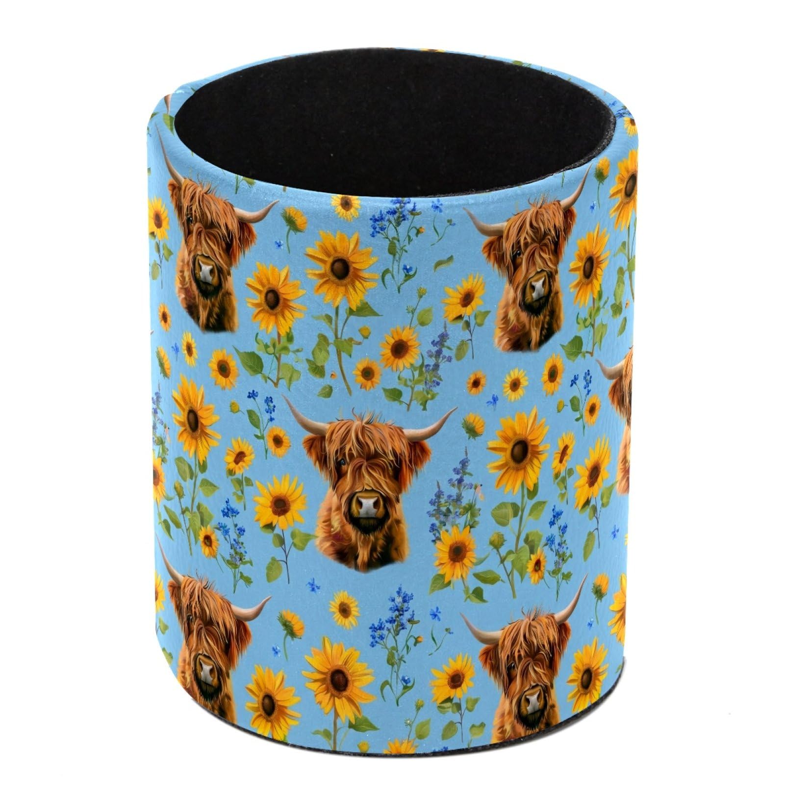 HEOEH Highland Cow Sunflower Pen Holder for Desk, PU Leather Pencil Holder Pen Cup Marker Holder Makeup Brush Holders, Desk Accessories & Workspace Organizers for Home, Office