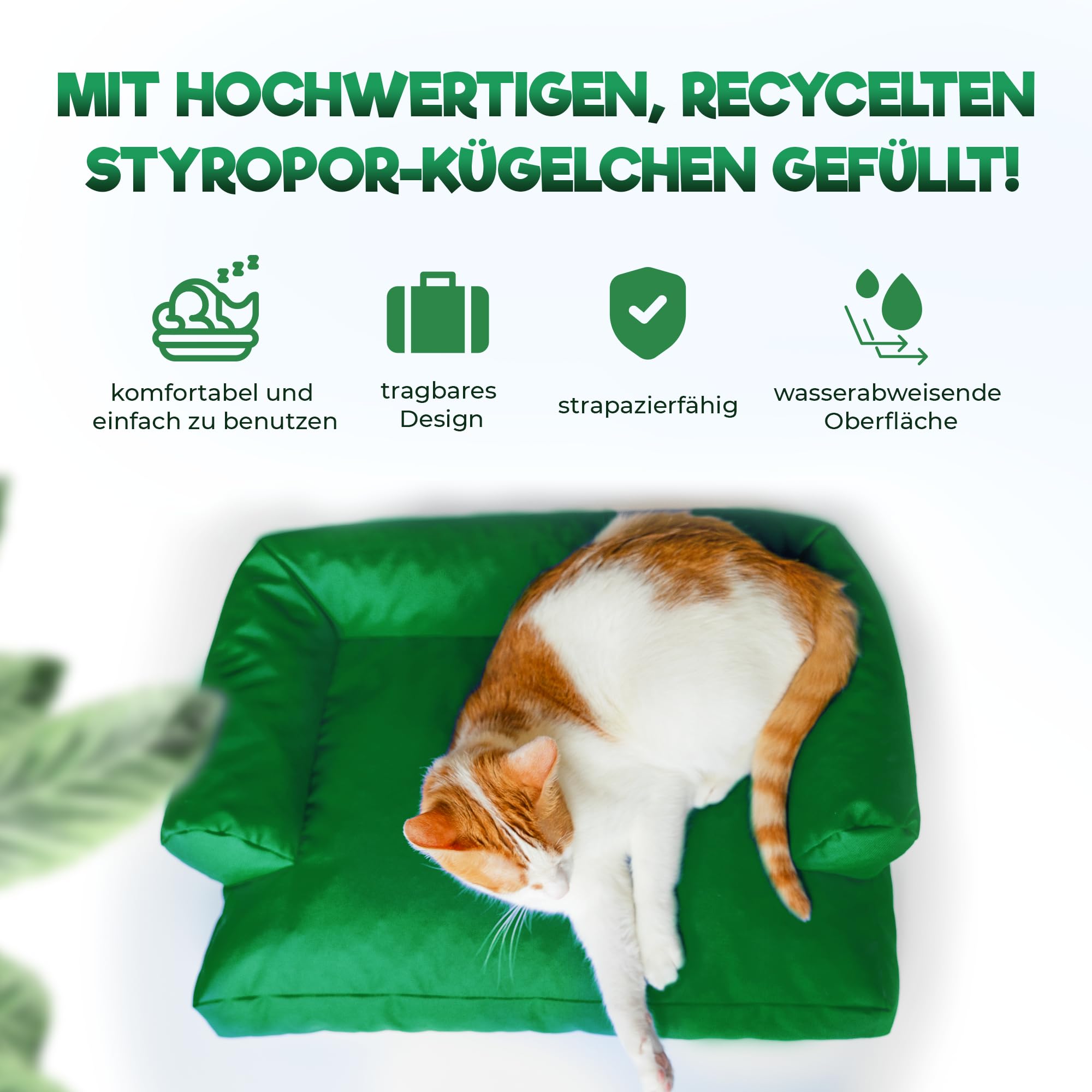 PatchHome Sofá para gatos, certificado Öko-Tex, muebles para gatos, relleno de poliestireno reciclado, accesorio para gatos, fabricado en Alemania, 50 x 40 x 15 cm, color verde