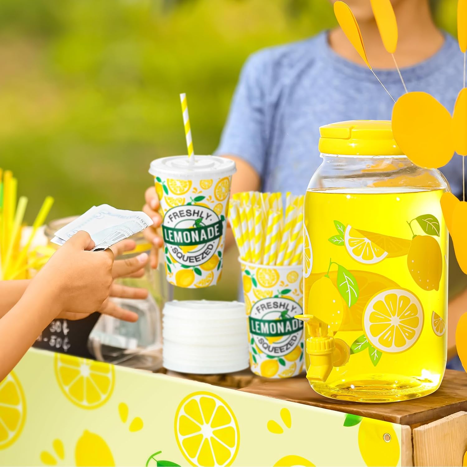 Bokon Lemonade Stand Supplies Include 100 Pcs Cups with Lids and Paper Straws, Tablecloth, Pitcher, Wooden Blackboard, Lemonade Stand Decorations Table Cover(Vivid)
