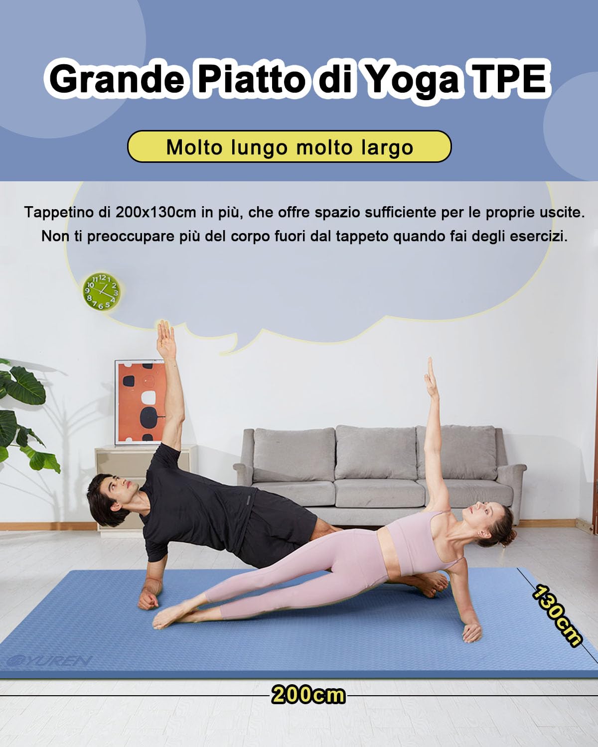 Tappetino Palestra Grande TPE 200×130cm Spesso 15mm Tappetino Fitness Antiscivolo Tappetino per Ginnastica Yoga Pilates Addominali