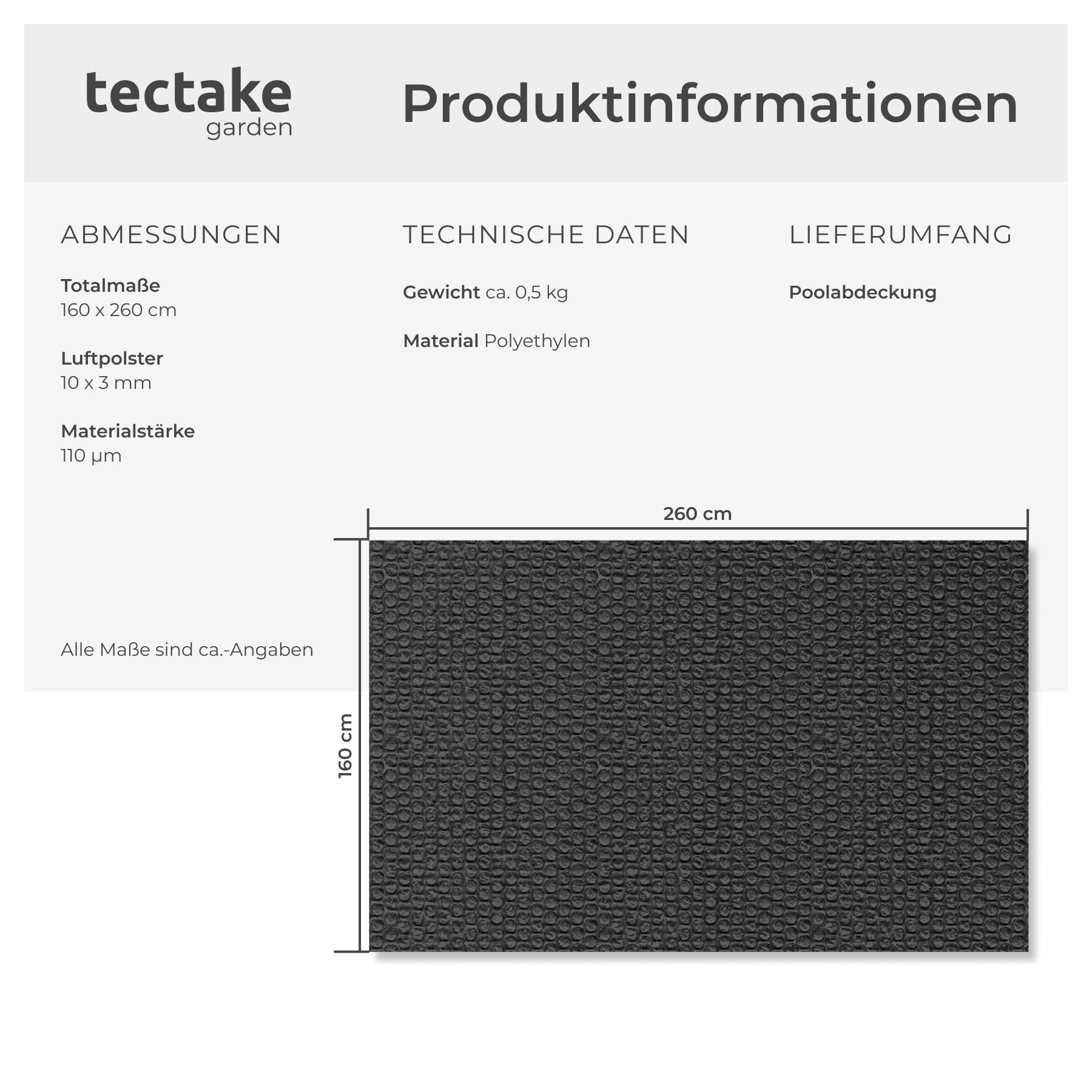 tectake® Poolabdeckung rechteckig, 1,6 x 2,6 m, Stärke 110 μm, zuschneidbar, rechteckig, selbstschwimmend, Poolabdeckungen, Pool-Deckel, Poolfolie, Schwimmbad Abdeckung, Poolabdeckplane - schwarz