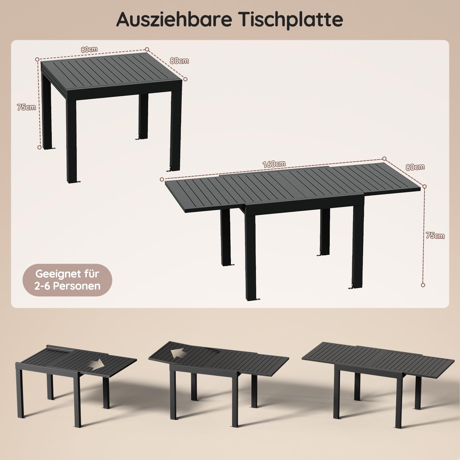 Devoko Esstisch Ausziehbar，80/160 x 75cm Gartentisch Ausziehbars, Aluminium Balkon Ausziehtisc, Gartentisch Wetterfest,ausziehbar auf 160cm, Outdoor Esstisch, Dunkelgrau