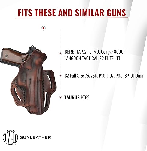 Miniatura 9 de 1791 - Beretta 92fs - Funda para pistola de cuero OWB para mano derecha, se adapta a Beretta 92FS, 90TWO, M9  CZ 75,75b P07, P10, SP-01, P09