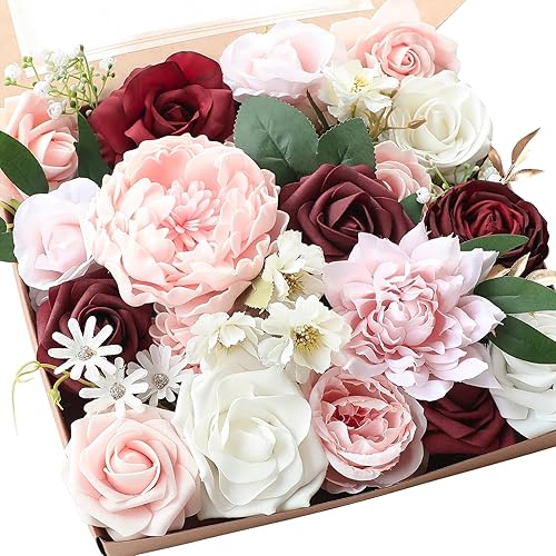 Floroom Blush Burgundy Artificial Flowers Dark Red Fake Roses Peonies