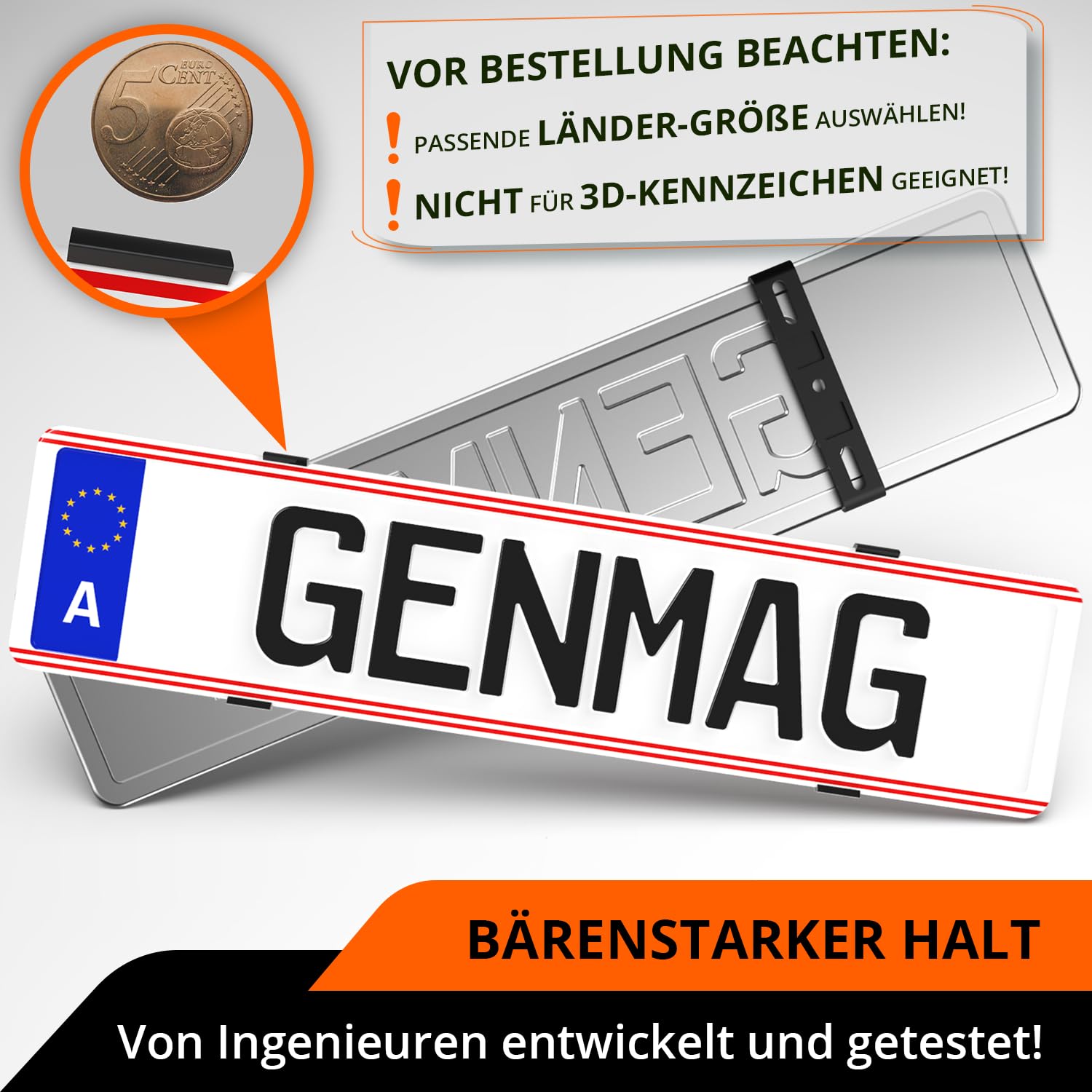 GENMAG Support Plaque Immatriculation Sans Cadre - Adhésif Fort, Universel
