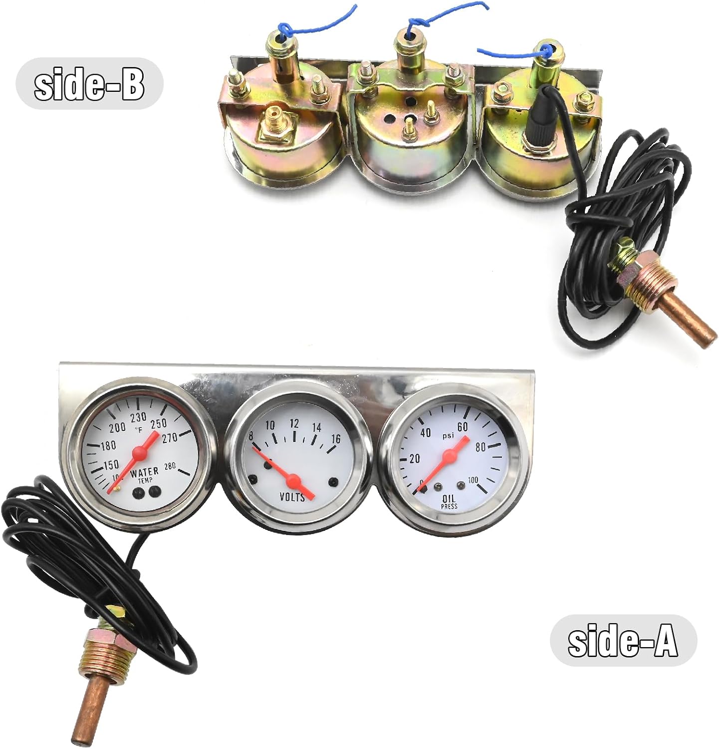 Triple Gauge Kit, 3in1 Car Meter Oil Pressure Fahrenheit Water Temp Ammeter Triple Gauge Kit, 2" 52mm Chrome Panel Oil/Volt/Water Gauge Replacement for GMC
