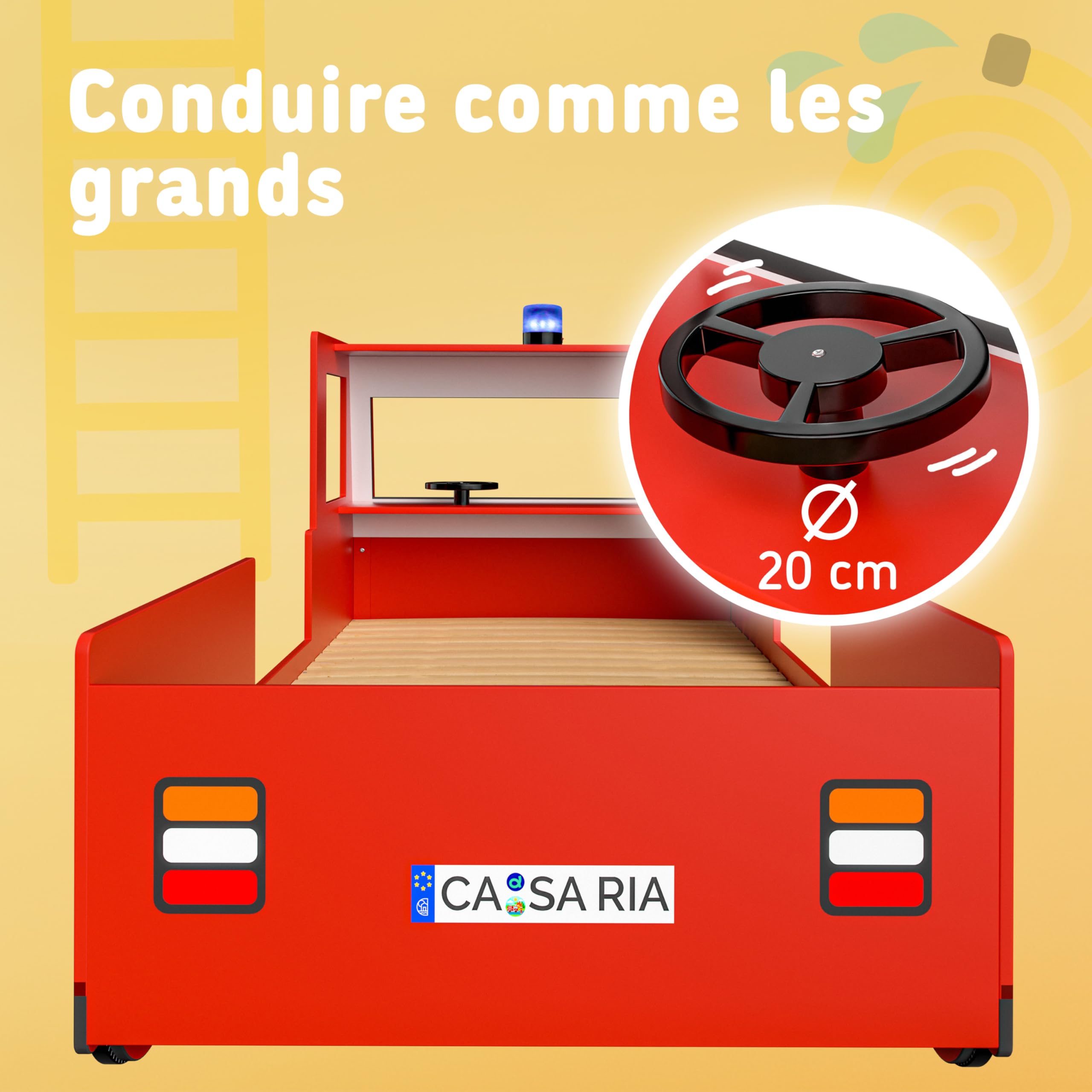 Casaria® Lit Enfant Camion de Pompier 90x200 cm Rouge - Lit Voiture avec Sommier à Lattes Inclus, Barrières Anti-Chute, Gyrophare Lumineux & Volant - Lit Garçon Bois MDF
