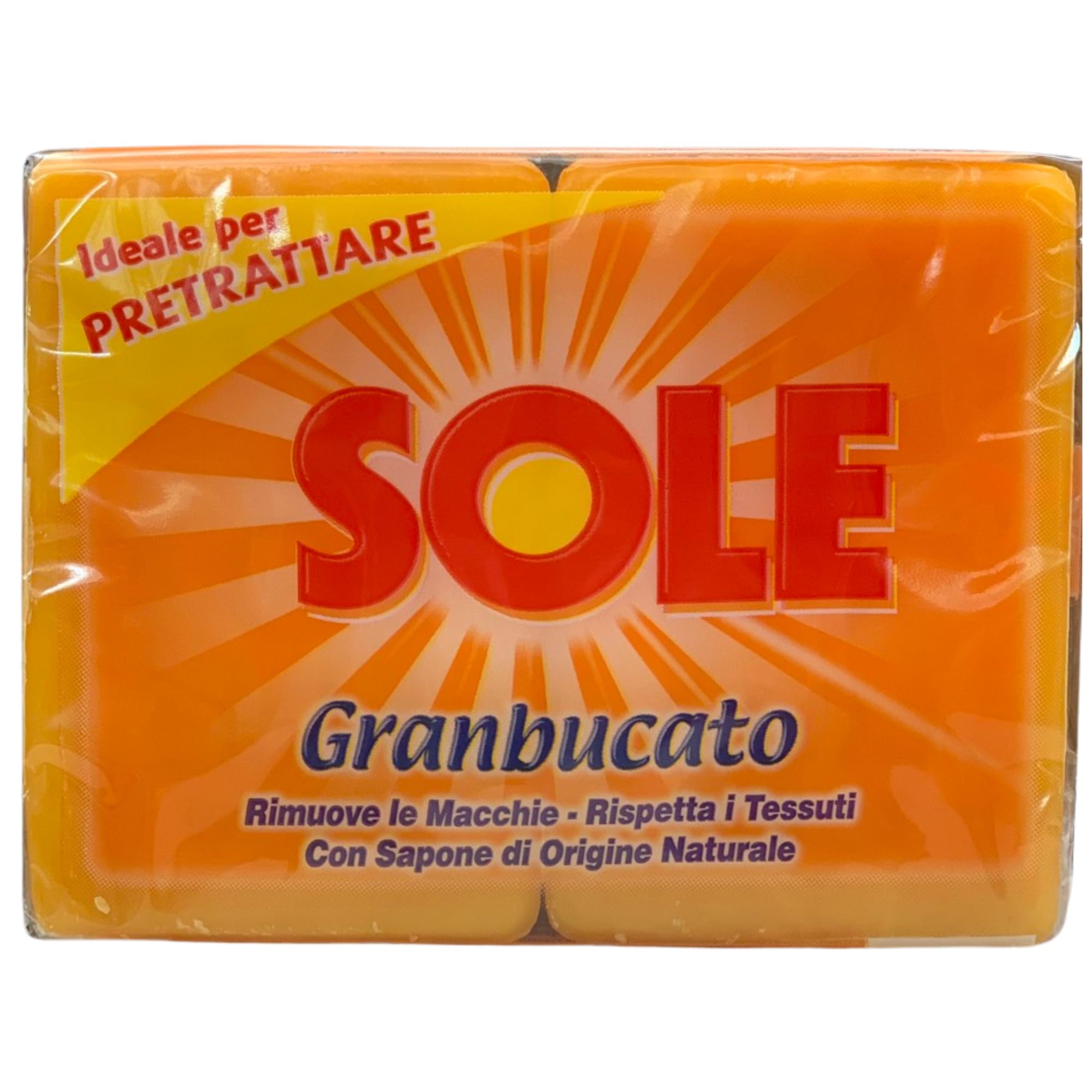 Sapone Sole GRANBUCATO, Ottimo Per Prettattare, Rimuove Le macchie, Rispetta i Tessuti, Con Sapone Di Origine Naturale 500g (4 Unità)