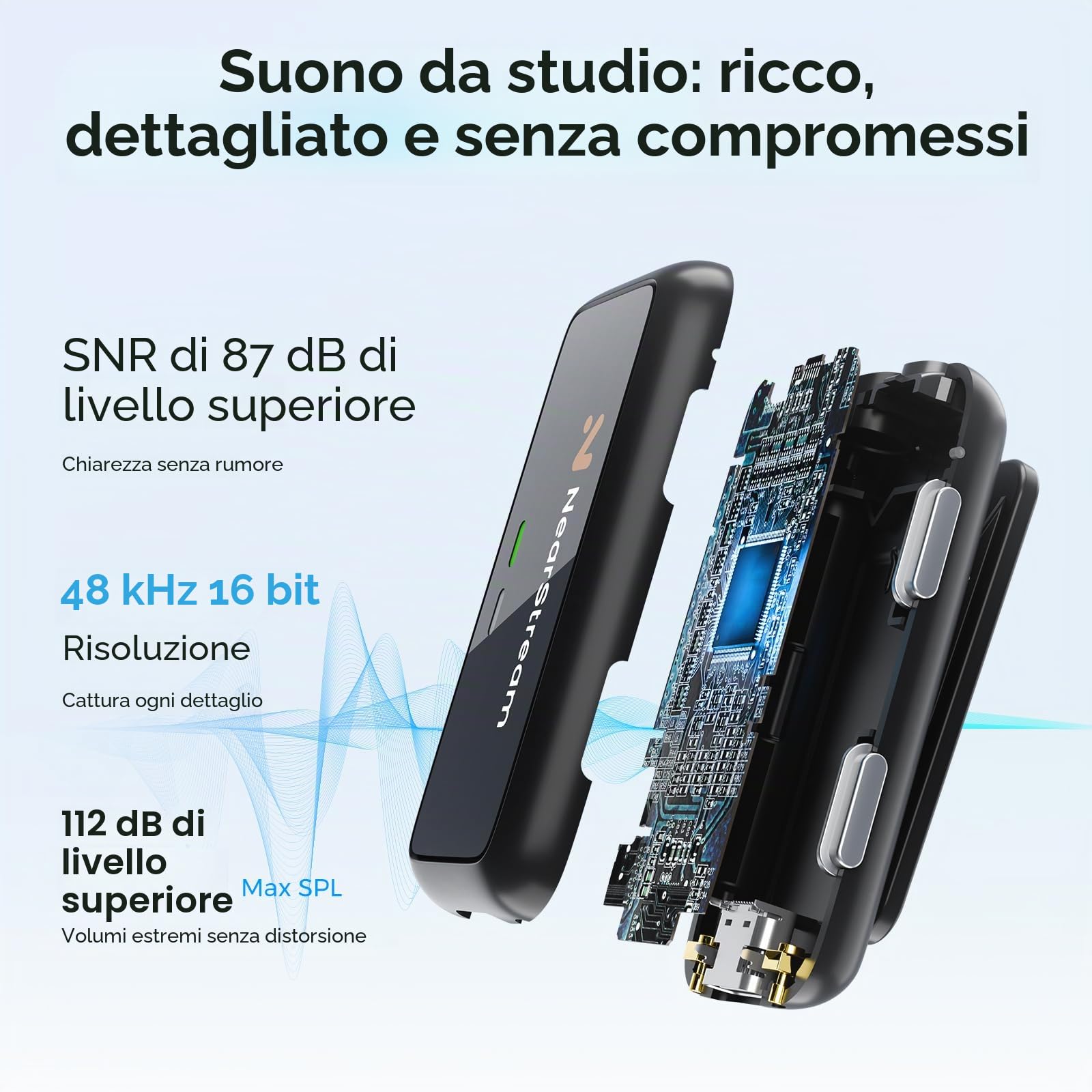 NearStream Microfono Lavalier Wireless iPhone, Android, Fotocamere e PC | Cancellazione AI del rumore, 7 h, trasmissione 200 m, display LCD, microfono wireless per streaming e registrazioni