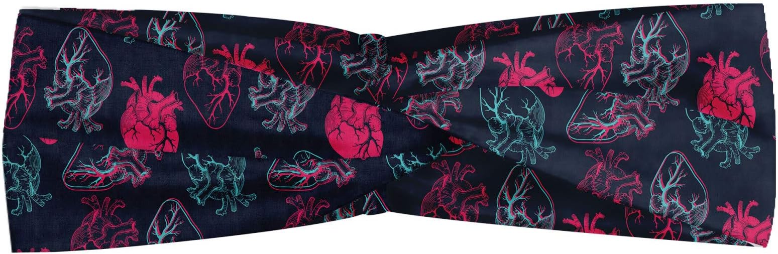 ABAKUHAUS Human Anatomy Headband, Anatomical Heart Analogy Veins Stems Palpitating Organ Sketch, Elastic and Soft Women's Bandana for Sports and Everyday Use, Pink Charcoal