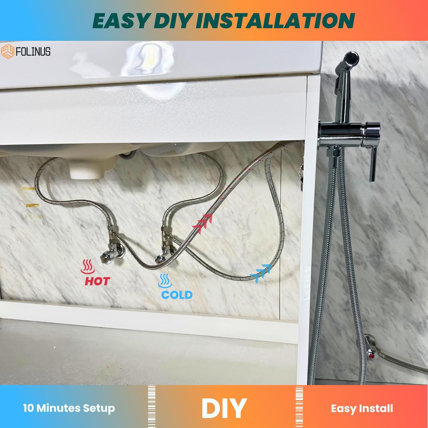 Handheld Bidet Sprayer for Toilet Warm Water Mounted on The Bathroom Vanity，Stainless Steel Hot and Cold Bidet Sprayer with Brass Mixing Valve for Feminine Hygiene (Chrome)