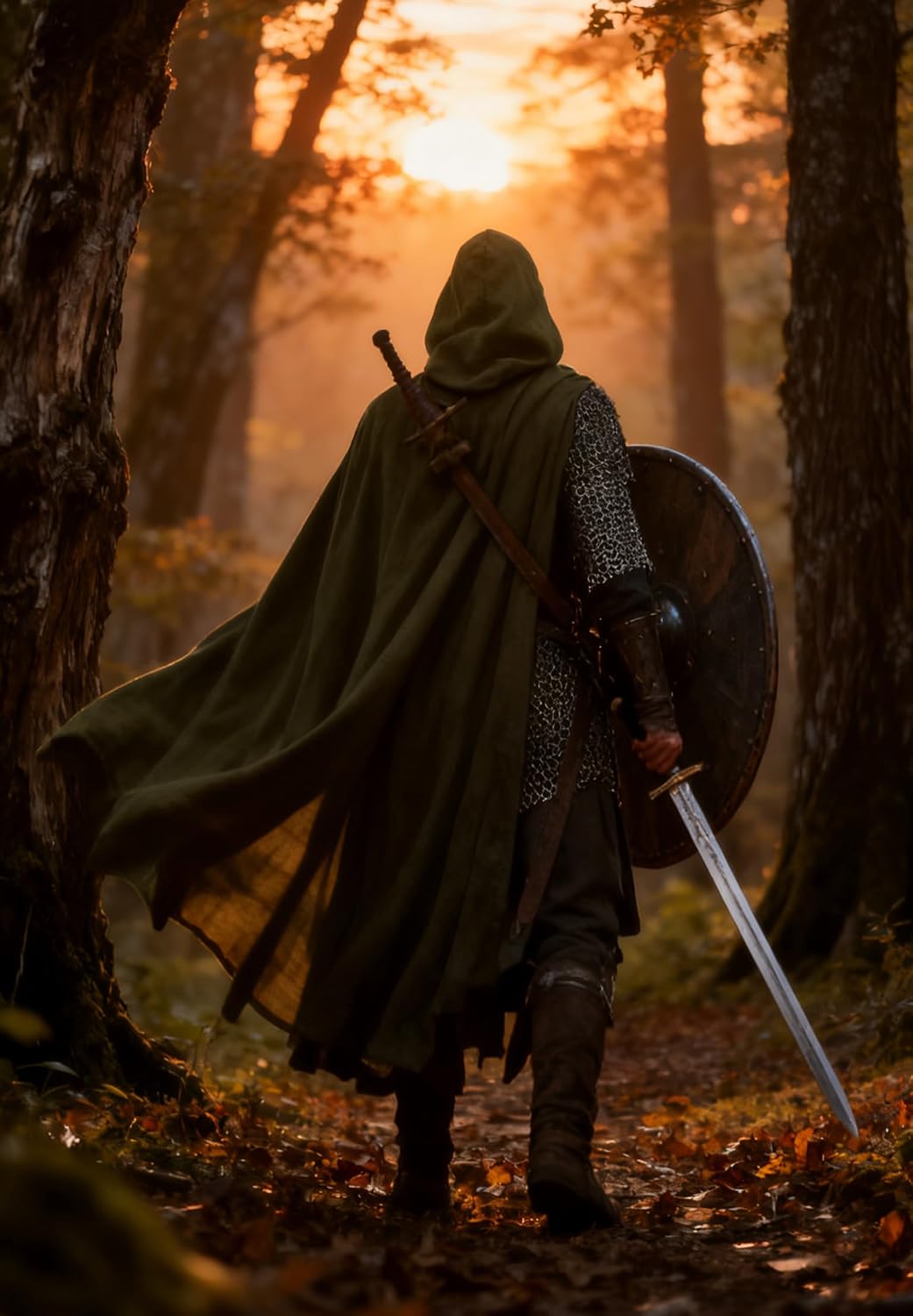 JPXH Faux Linen Long Hooded Cloak with Belt and Wrist Guards, Medieval Cape