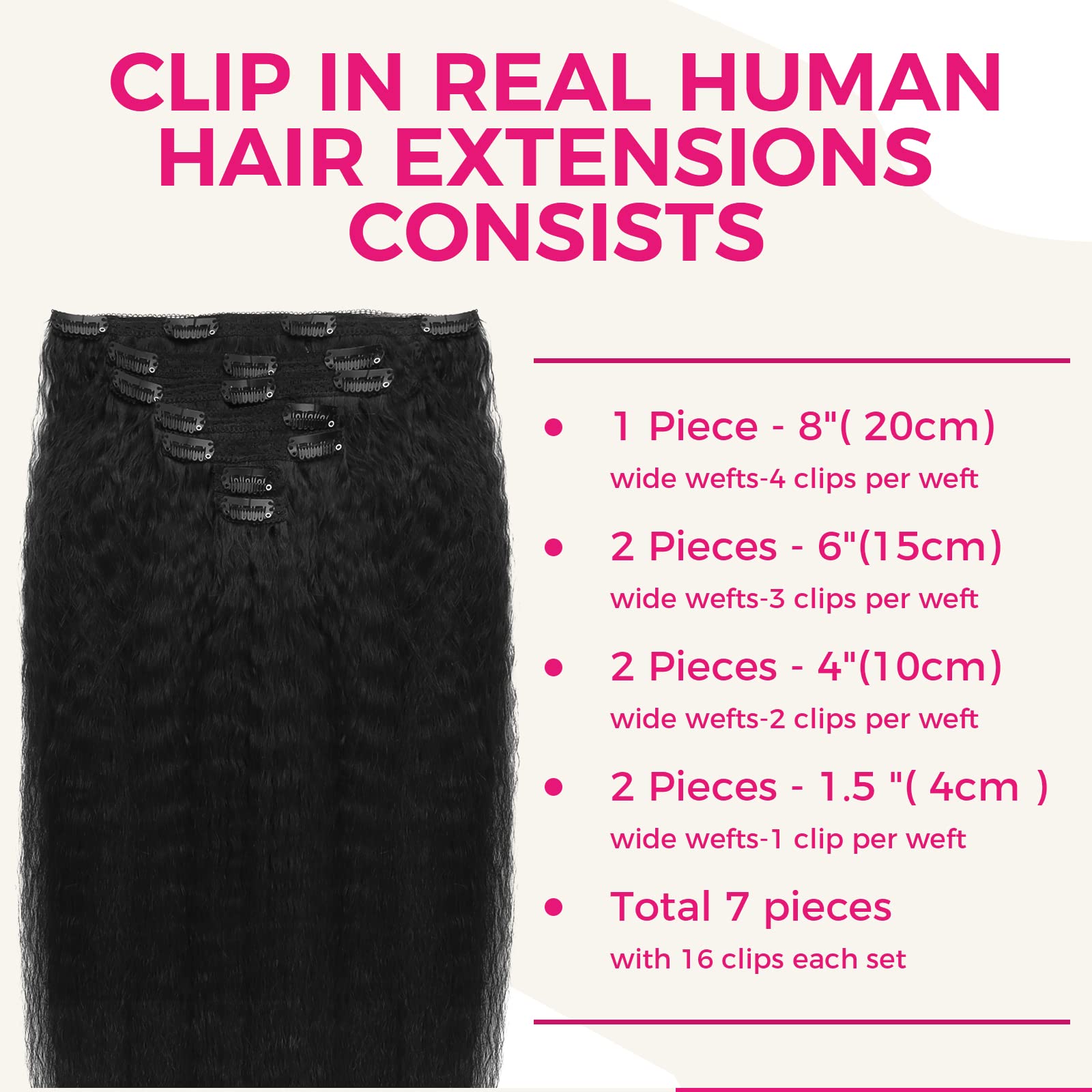 Lashey Kinky Straight Clip in Hair Extensions for Women 20 Inch 7pcs 120g Natural Black Remy Human Hair Extensions Thick Hair with Lace Weft Clip Ins - Image 2