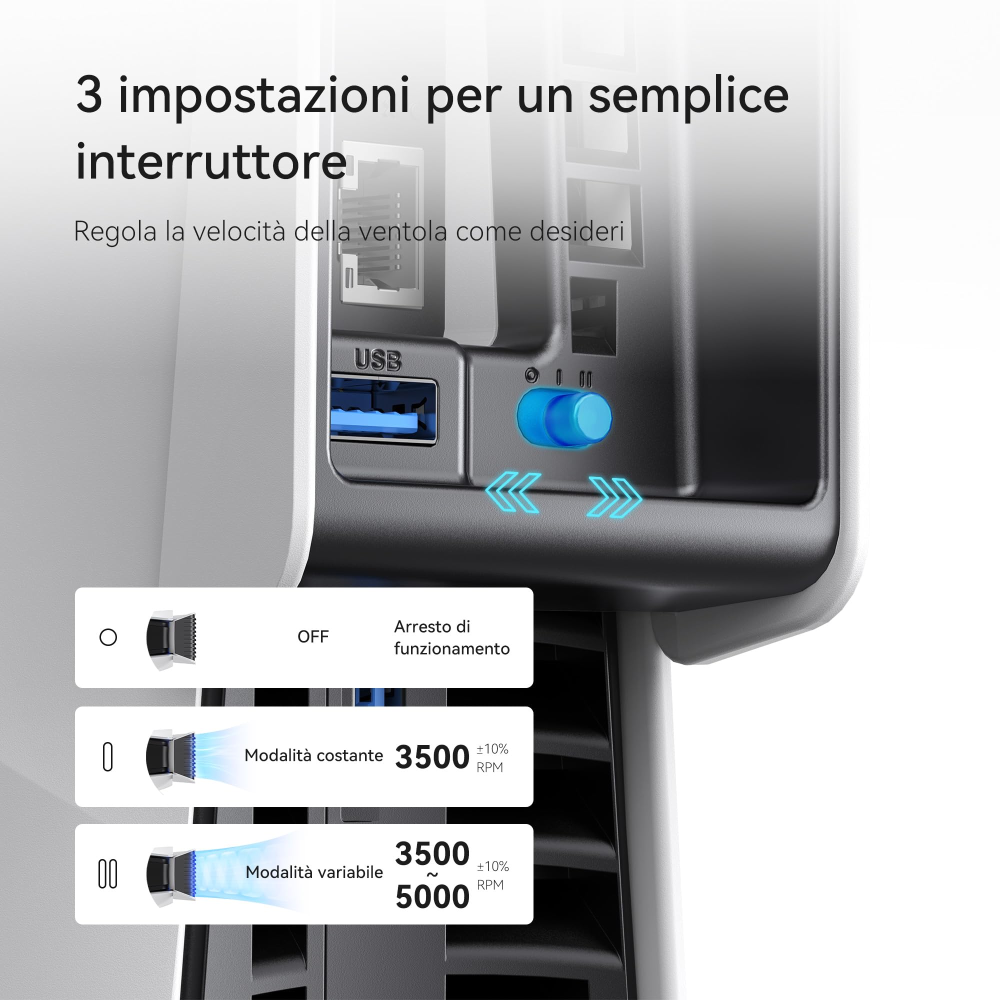 Ventola di Raffreddamento PS5 Slim, con Impostazione Automatica della Velocità, Accessori di Raffreddamento più Silenziosi con LED e Hub USB 3.0, per PS5 Slim Disc ed Edizioni Digitali (Bianco e Nero)