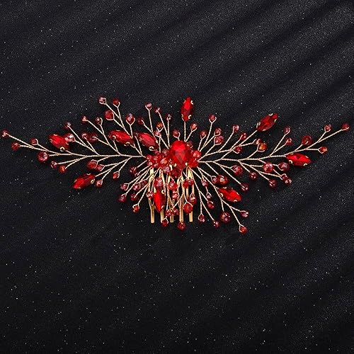 Miniatura 3 de Peines para el cabello de boda para novia, color rojo, diamantes de imitación rojos, peine lateral de cristal, accesorios para el cabello de novia