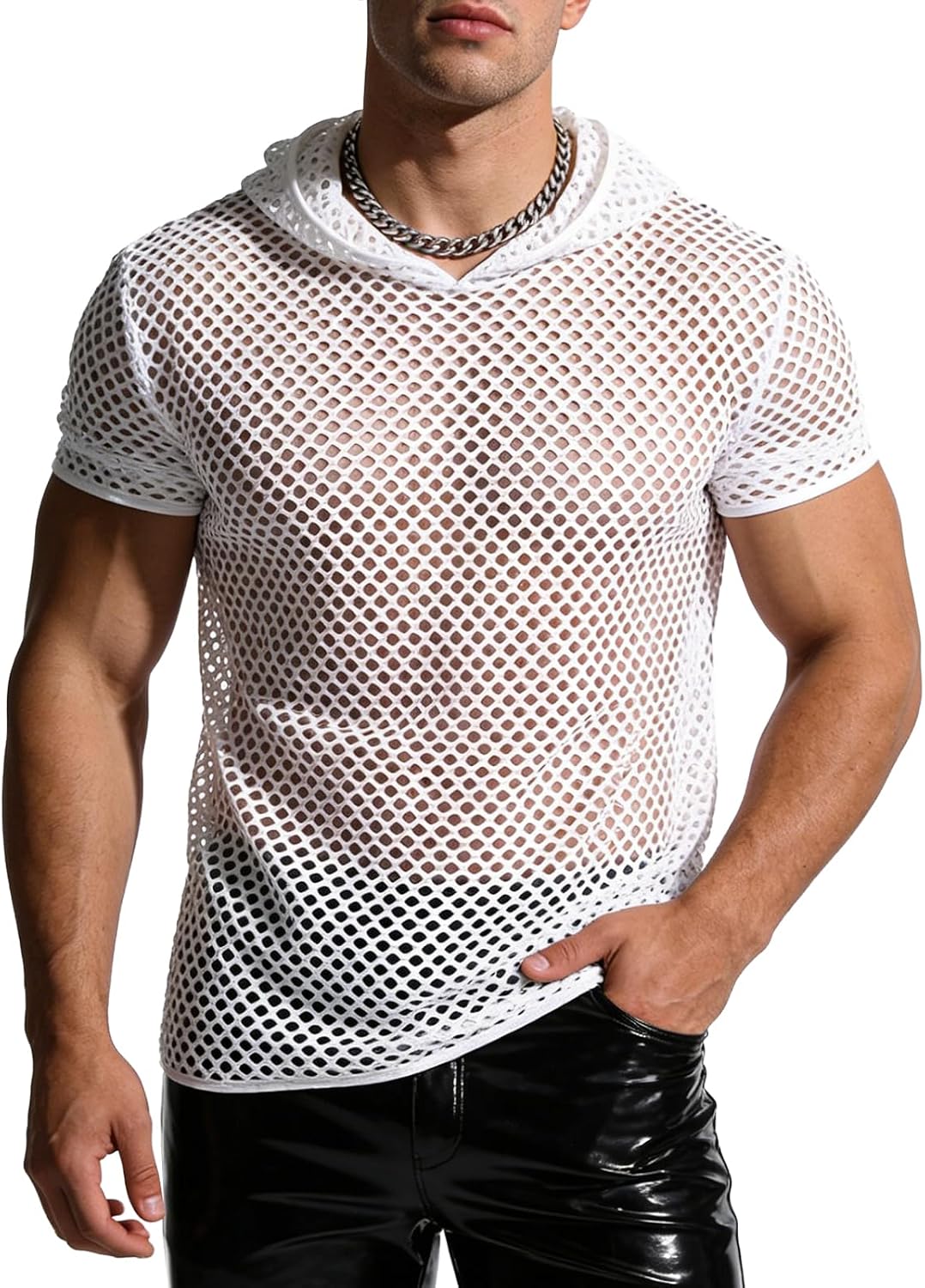 Men's Hooded Fishnet Mesh Short Sleeve Shirt Muscle Fit Sheer See Through Top Base Layer for Gym Workout Club
