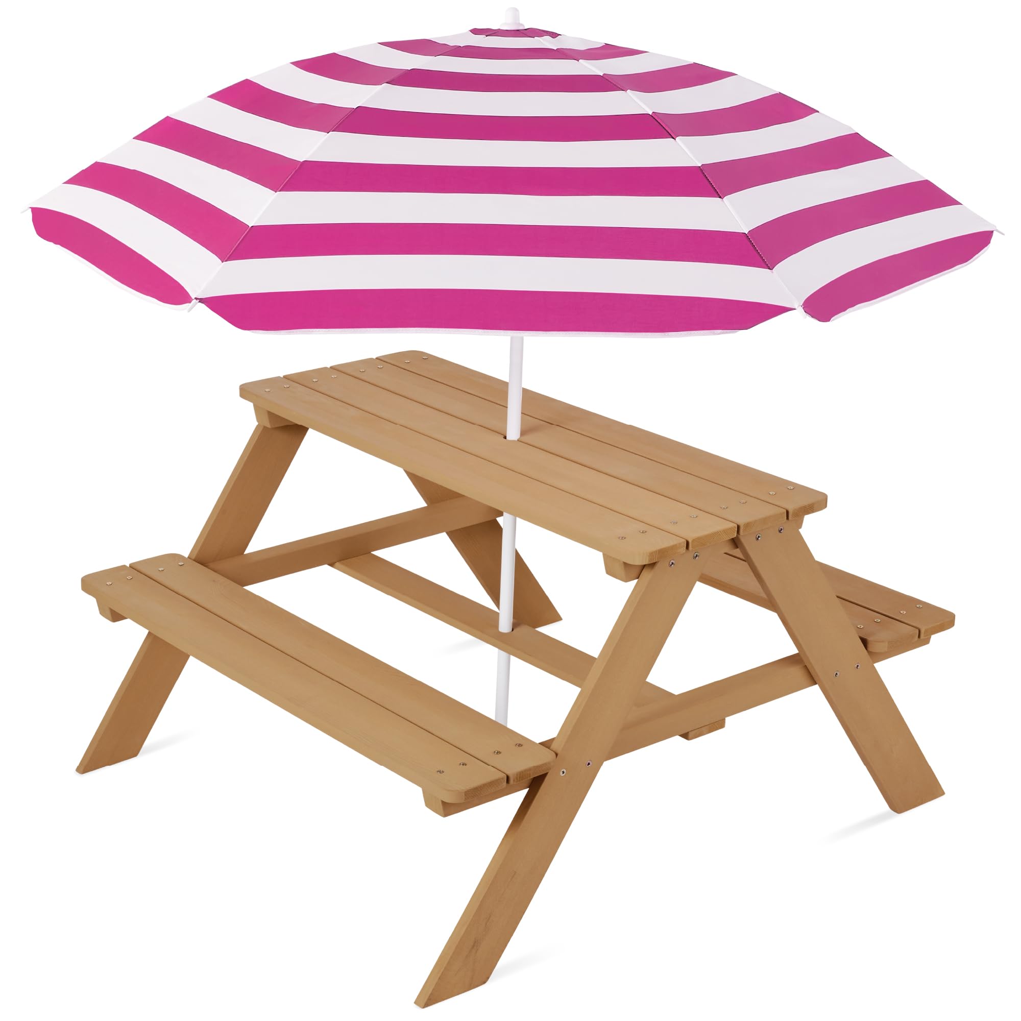Best Choice Products Kids Wooden Picnic Table, Outdoor Activity & Dining Table w/Adjustable Collapsible Umbrella, Built-in Seats - Natural/Dark Pink