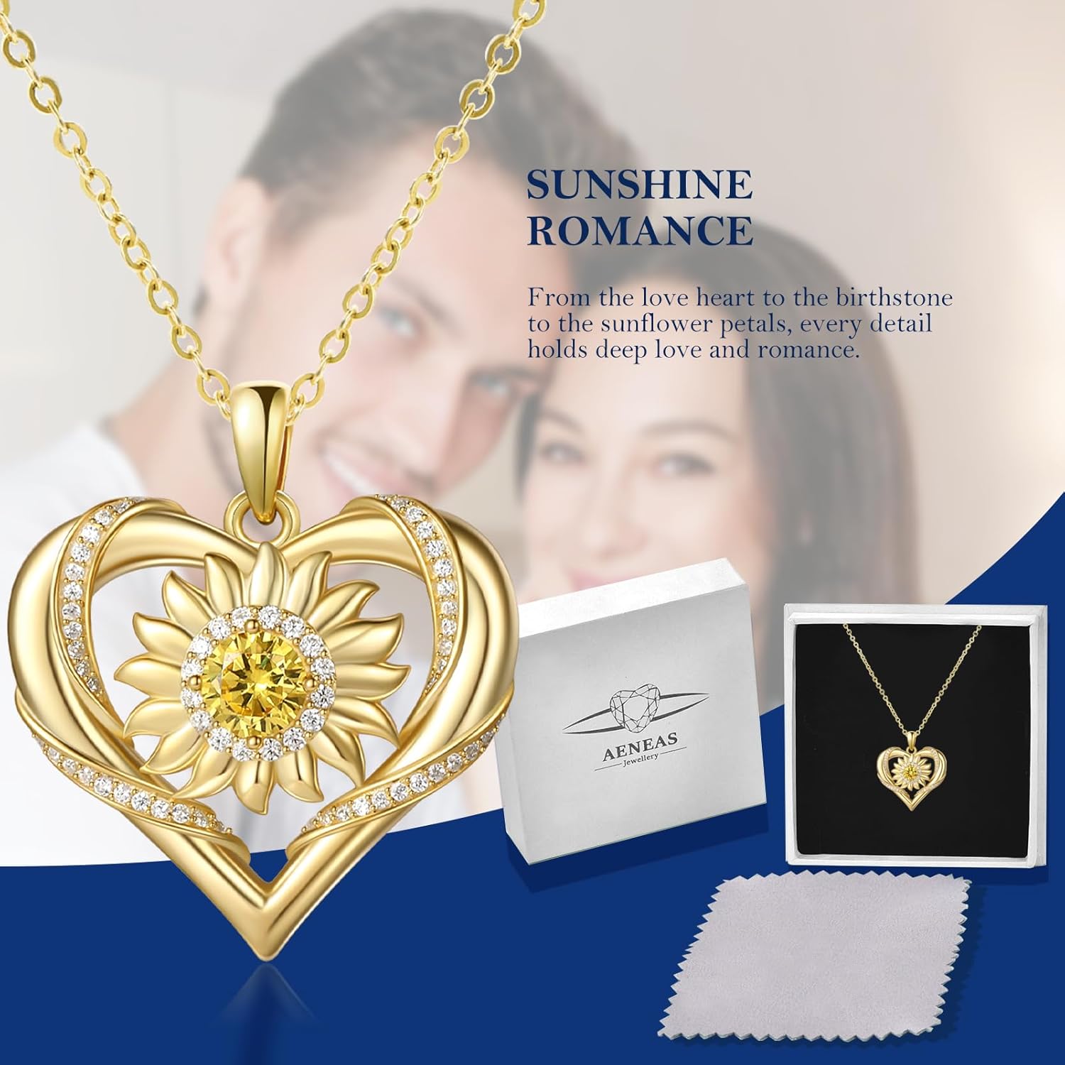 AENEAS Valentines Day Gifts for Women Her Sunflower Heart Necklace for Women 925 Sterling Silver Birthstone Citrine Pendant 14K Gold Plated Flower Jewelry Gifts for Women Wife Her - Image 4