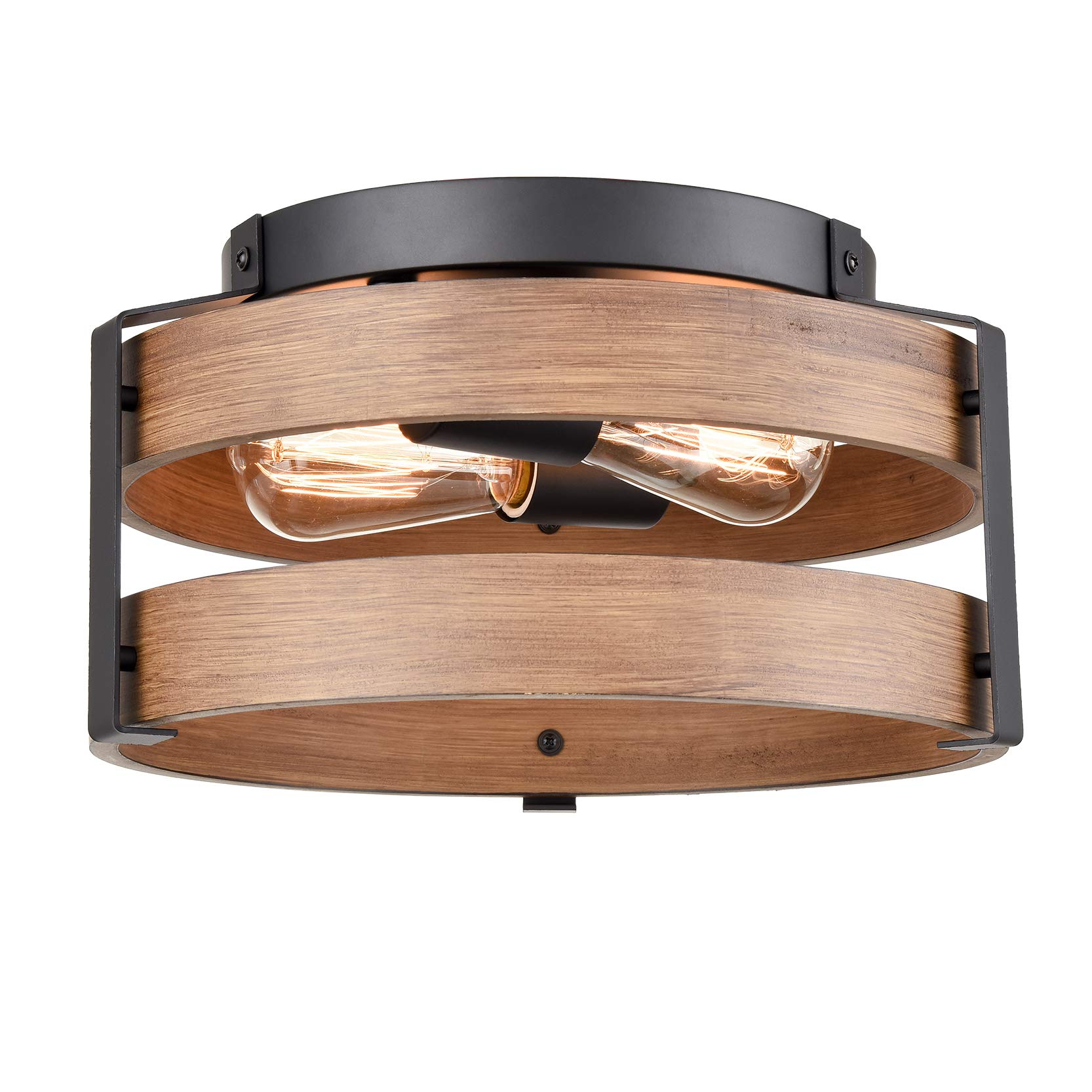 Farmhouse Ceiling Lights Wooden Drum Flush Mount Ceiling Light Fixture Retro Rustic Black Metal Ceiling Lamp for Hallway, Bathroom, Bedroom, Kitchen, Entryway, Porch, Laundry