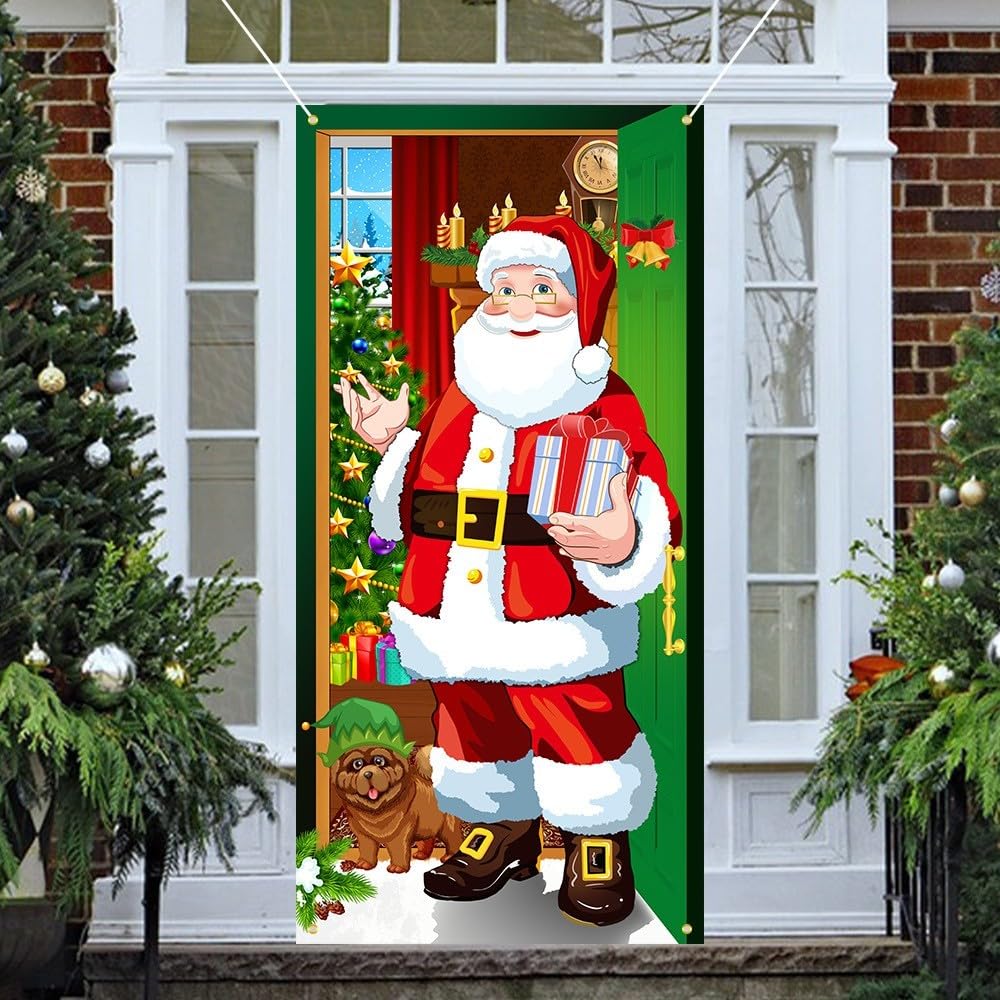 JSTHHTT 2 Pezzi Decorazione Natalizia per Porta, Copertura con Babbo Natale, Banner Appendibile per Ingresso, Sfondo Fotografico per Festa di Natale, 90 x 185 cm