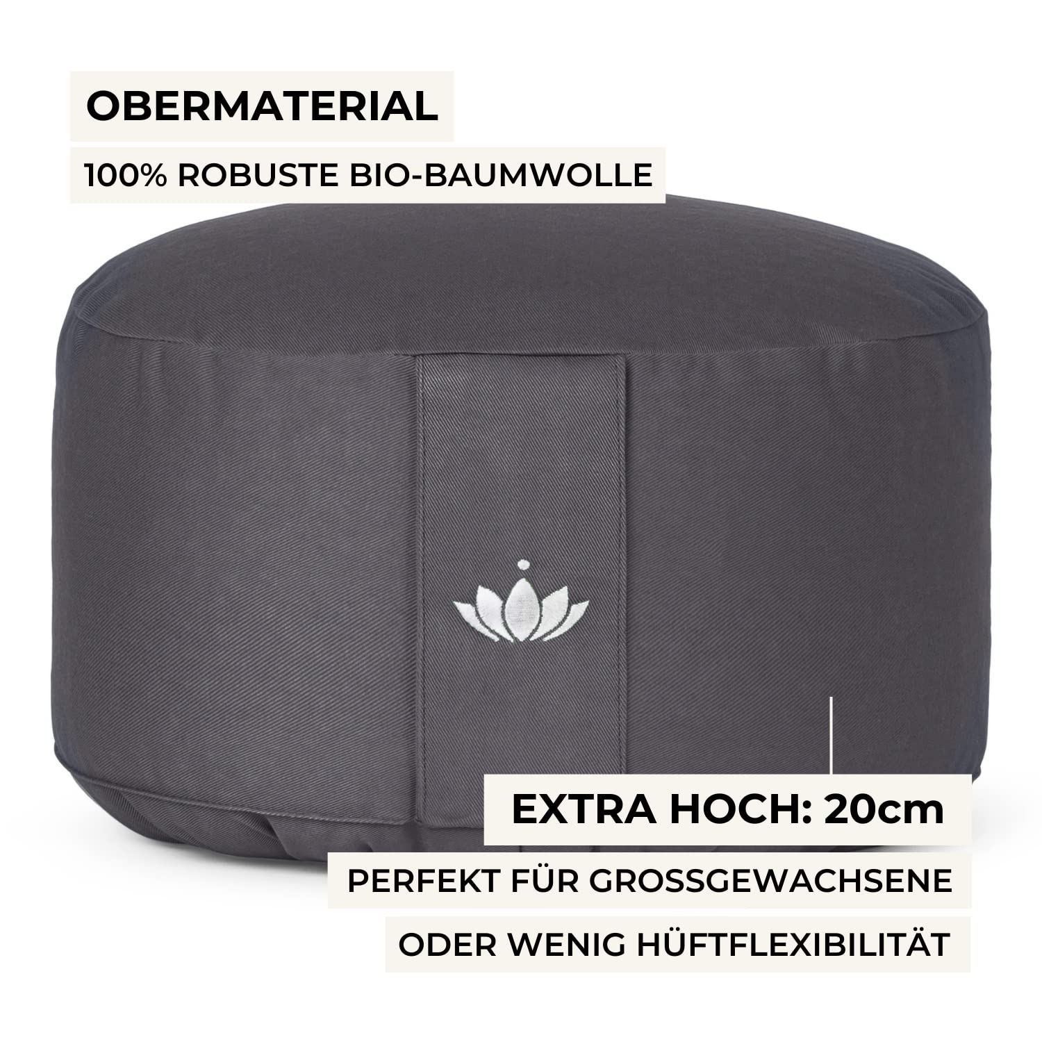 Lotuscrafts® Meditationskissen, Extra-hoch mit 20 cm Sitzhöhe, Yoga Kissen mit Dinkelfüllung, Yogakissen Rund, Bodenkissen Rund, Yogakissen Meditationskissen, Bezug waschbar, GOTS Zertifiziert