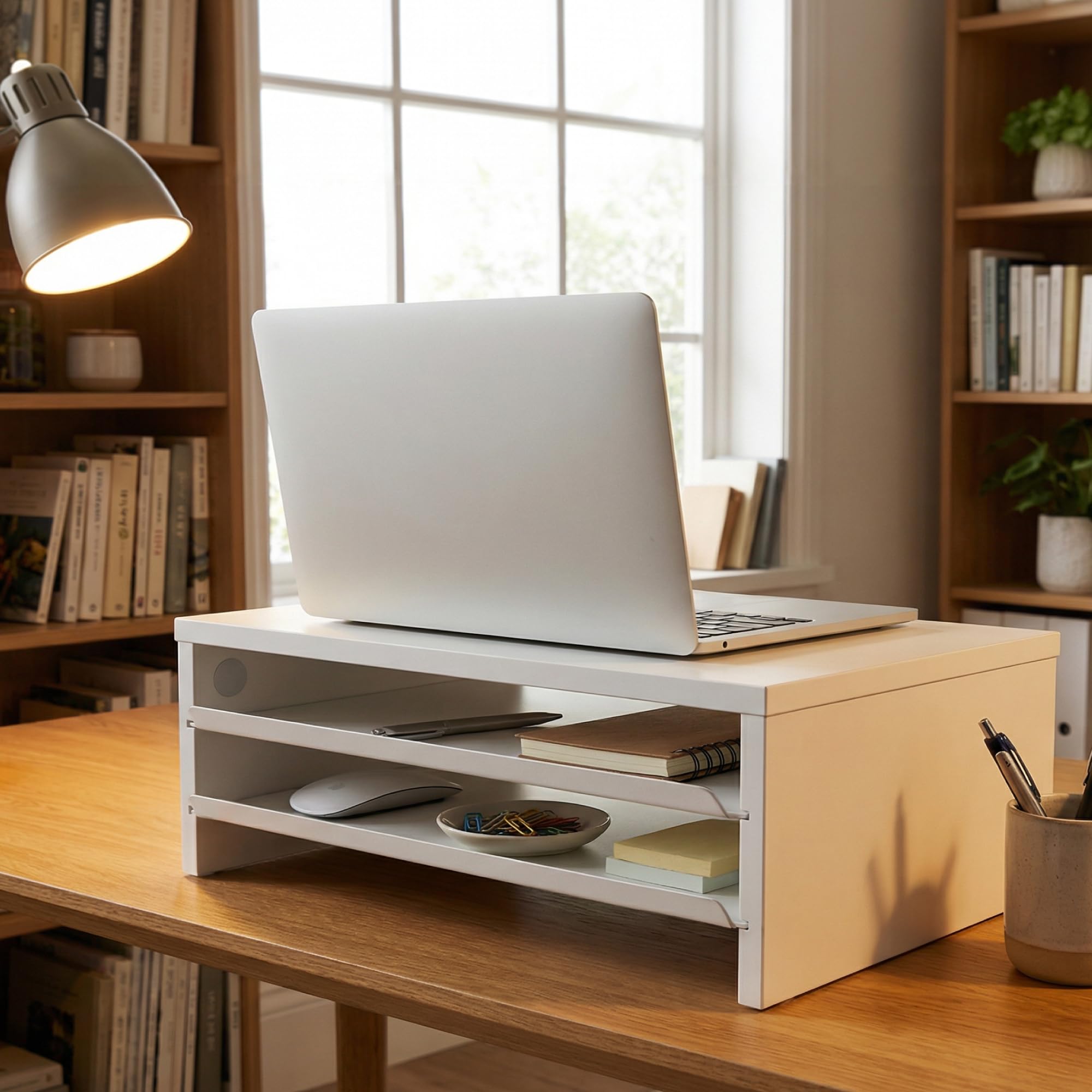 Fenge Support Moniteur Réhausseur d'Écran en Bois et Métal avec Plateau, 36,4x23,5x13,4 cm Blanc