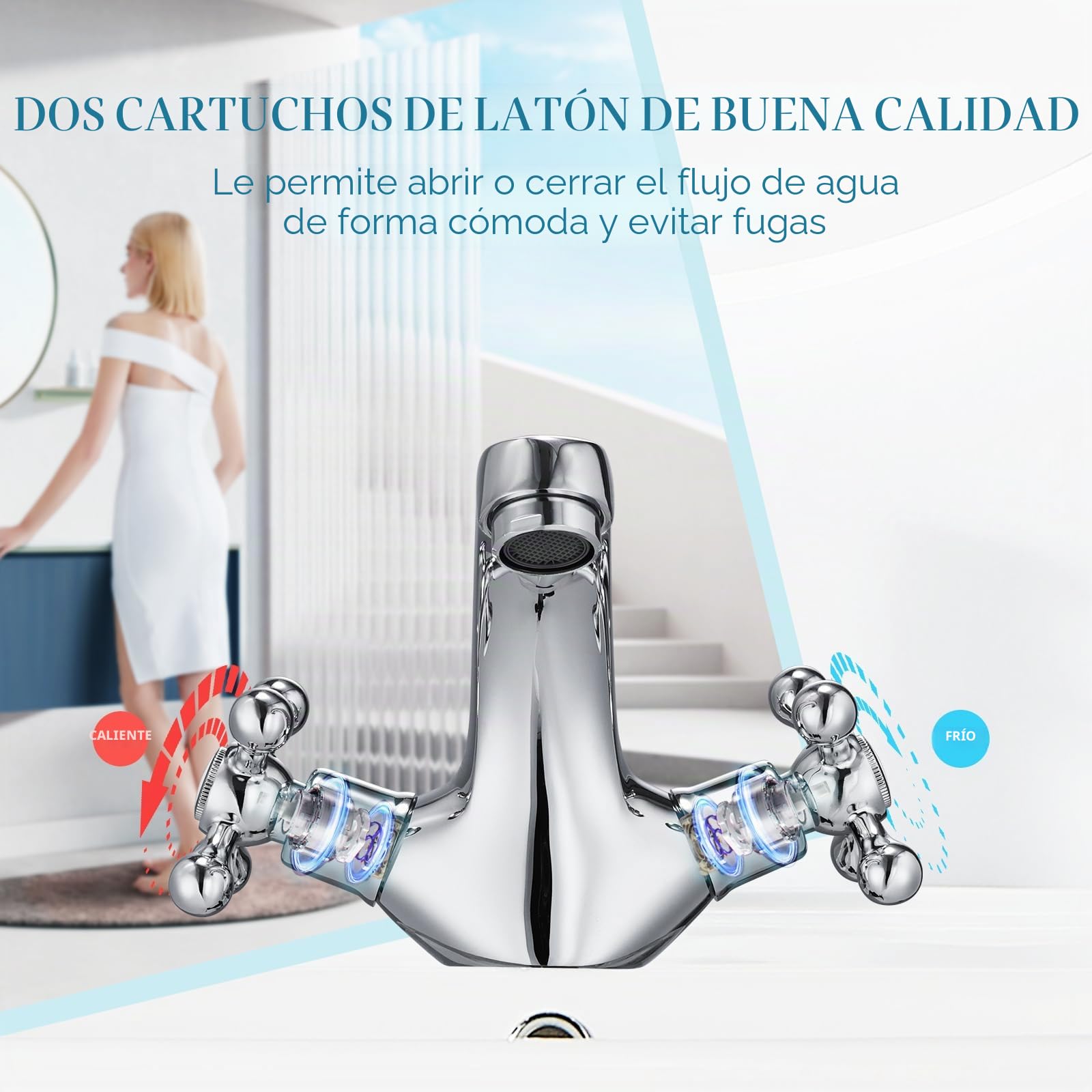 Peppermint Grifo monomando para lavabo, grifo de lavabo cromado con cruceta monofónica tradicional victoriana de doble asa, grifo mezclador con Hoese estándar