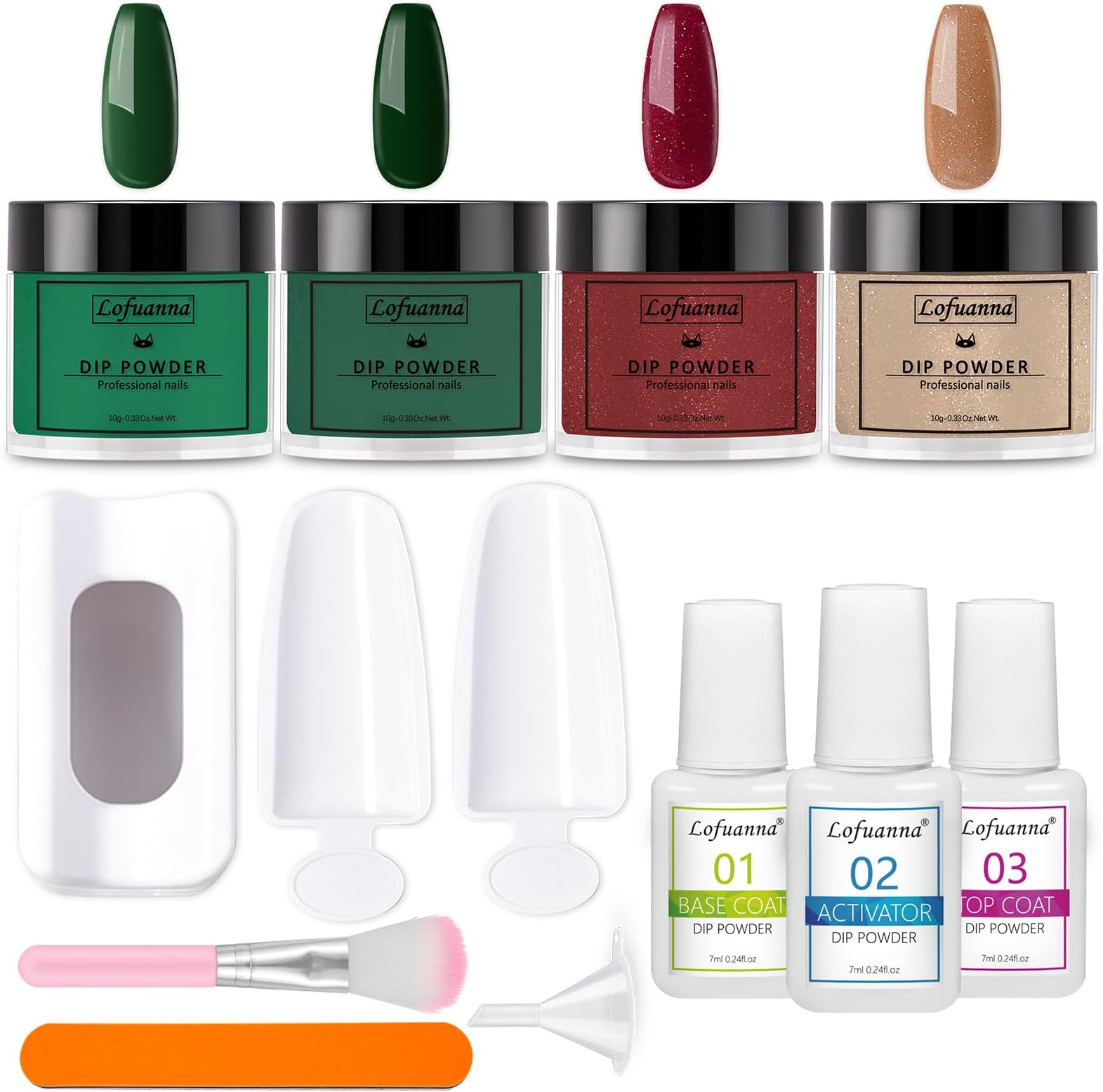 Lofuanna Dip Powder Nail Kit Starter-4 Colors Dipping Powder with Base&Top Coat&Activator,No UV/LED Needed,All-in-One DIY French Nail Art Manicure Set for Beginners (A1-Holiday Limited)