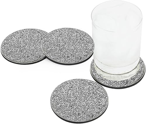 Miniatura 3 de Juego de posavasos luminoso, deslumbrantes diamantes de imitación en acero inoxidable, respaldo protector, para café glamoroso y mesas auxiliares,