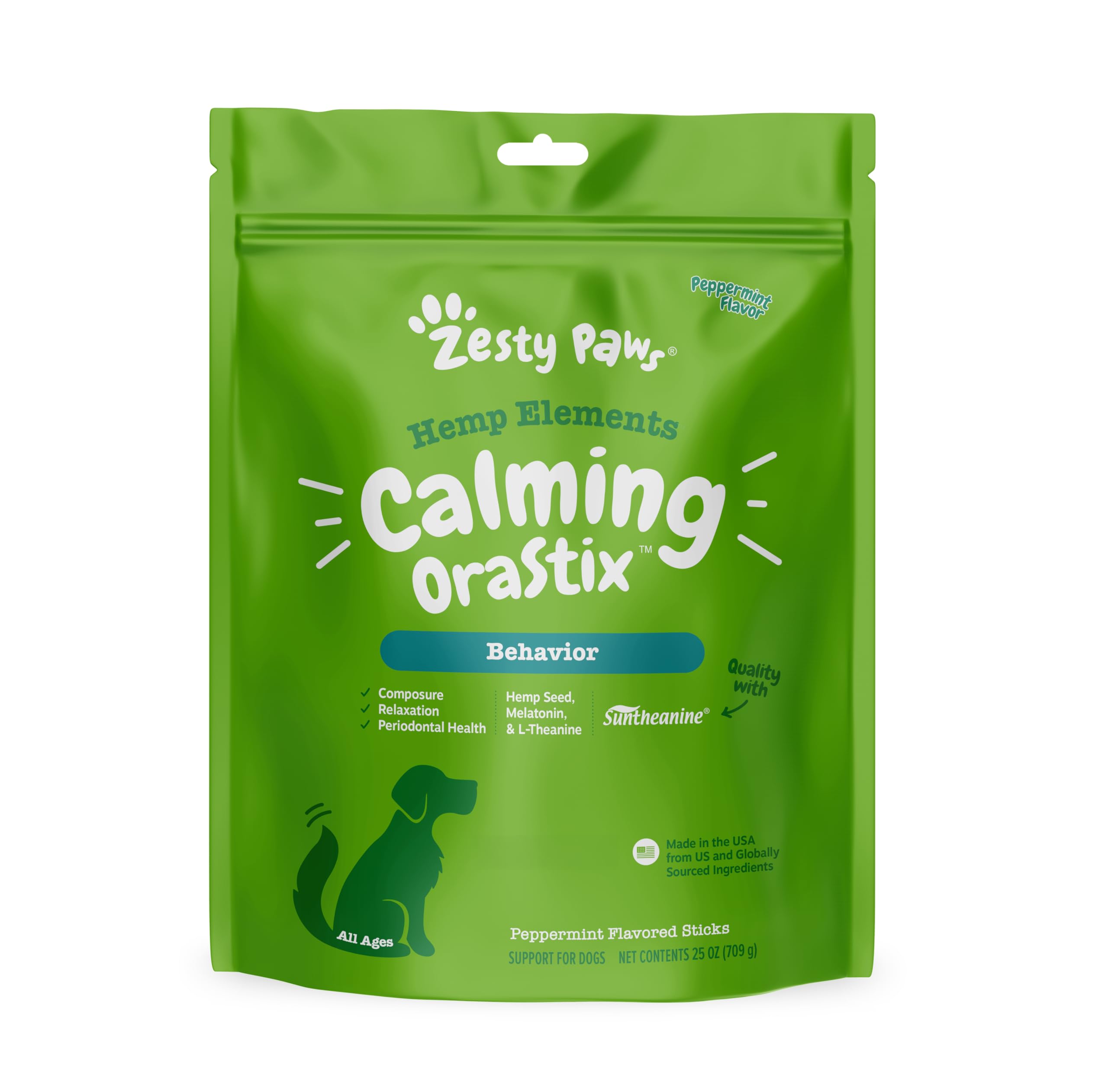 Zesty Paws OraStix for Dogs - Calming Dental Sticks for Stress with Hemp Melatonin Chamomile Dog Healthy Teeth and Gums Calm Composure for Fireworks and Thunderstorms - 25oz