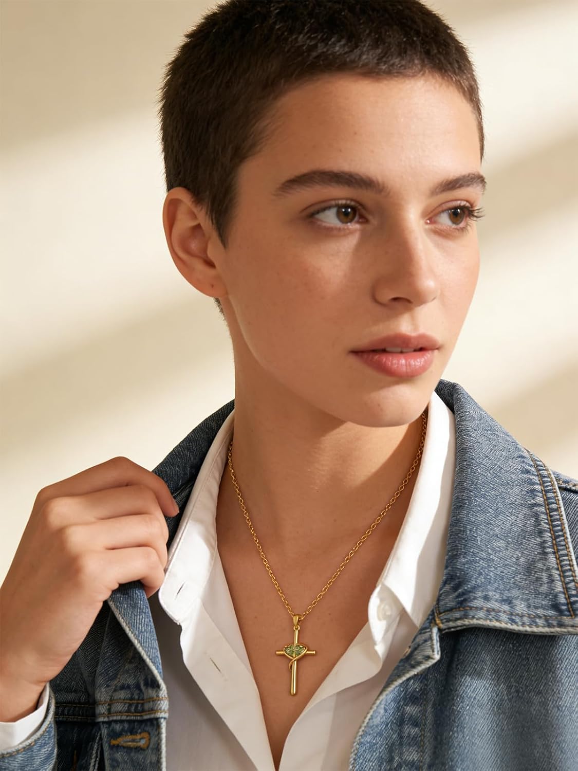 Gift for Wife Cross Necklace 14K Gold Plating Cross Christian Religious Gifts Anniversary Birthday Gifts for Women Double Birthstones Peridot & Peridot Necklace August & August